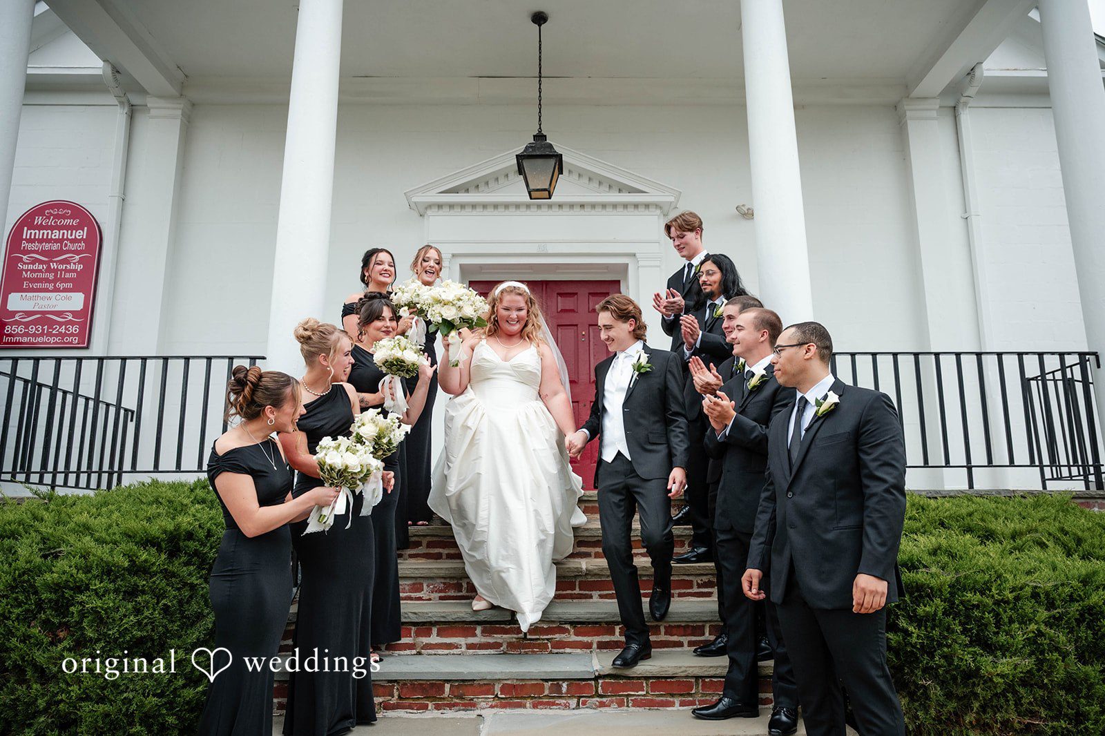 Bethany + Eddie Wedding party on the church steps at Immanuel Orthodox Presbyterian Church