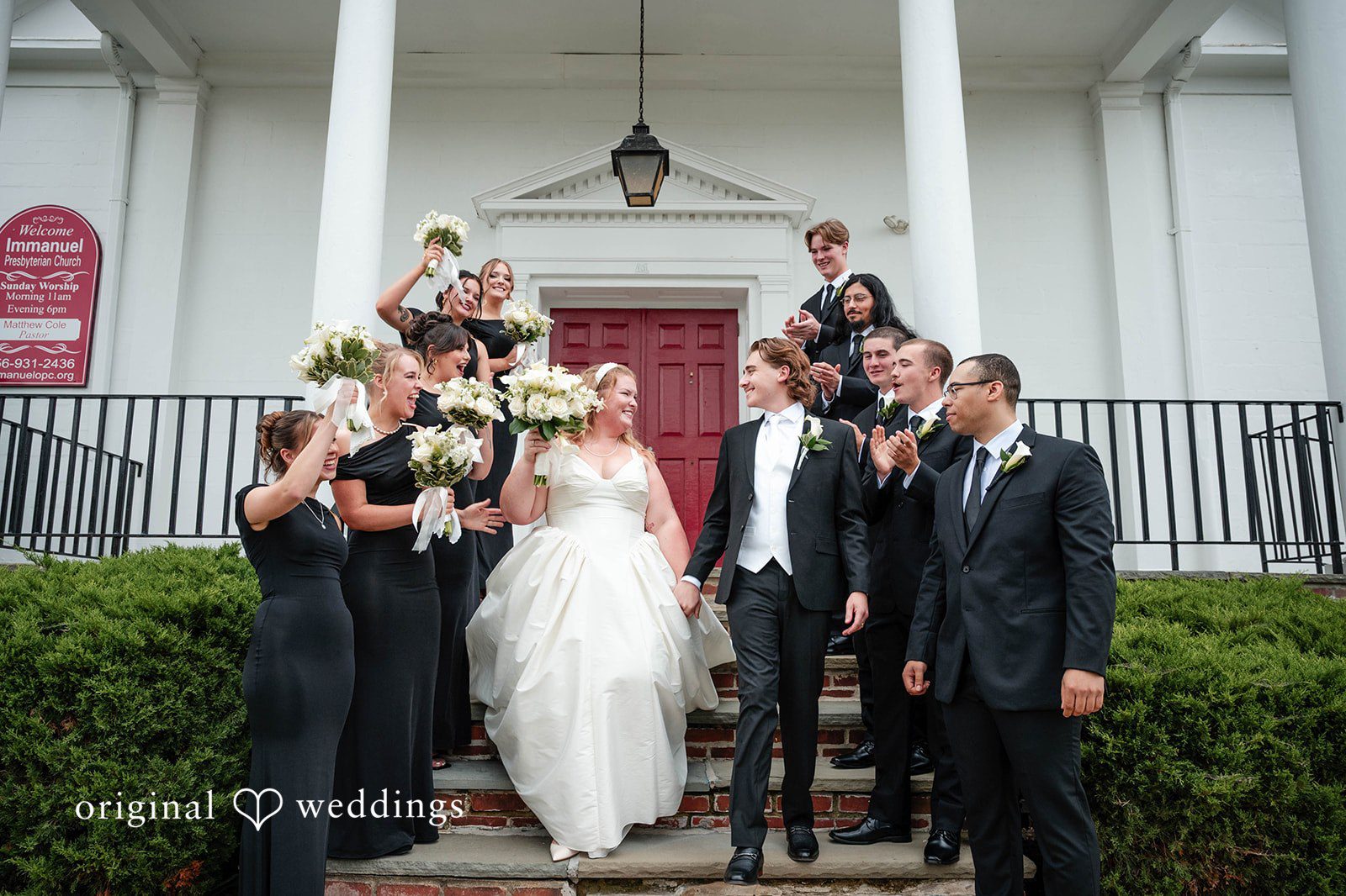 Bethany + Eddie Wedding party celebrating at the church entrance at Immanuel Orthodox Presbyterian Church