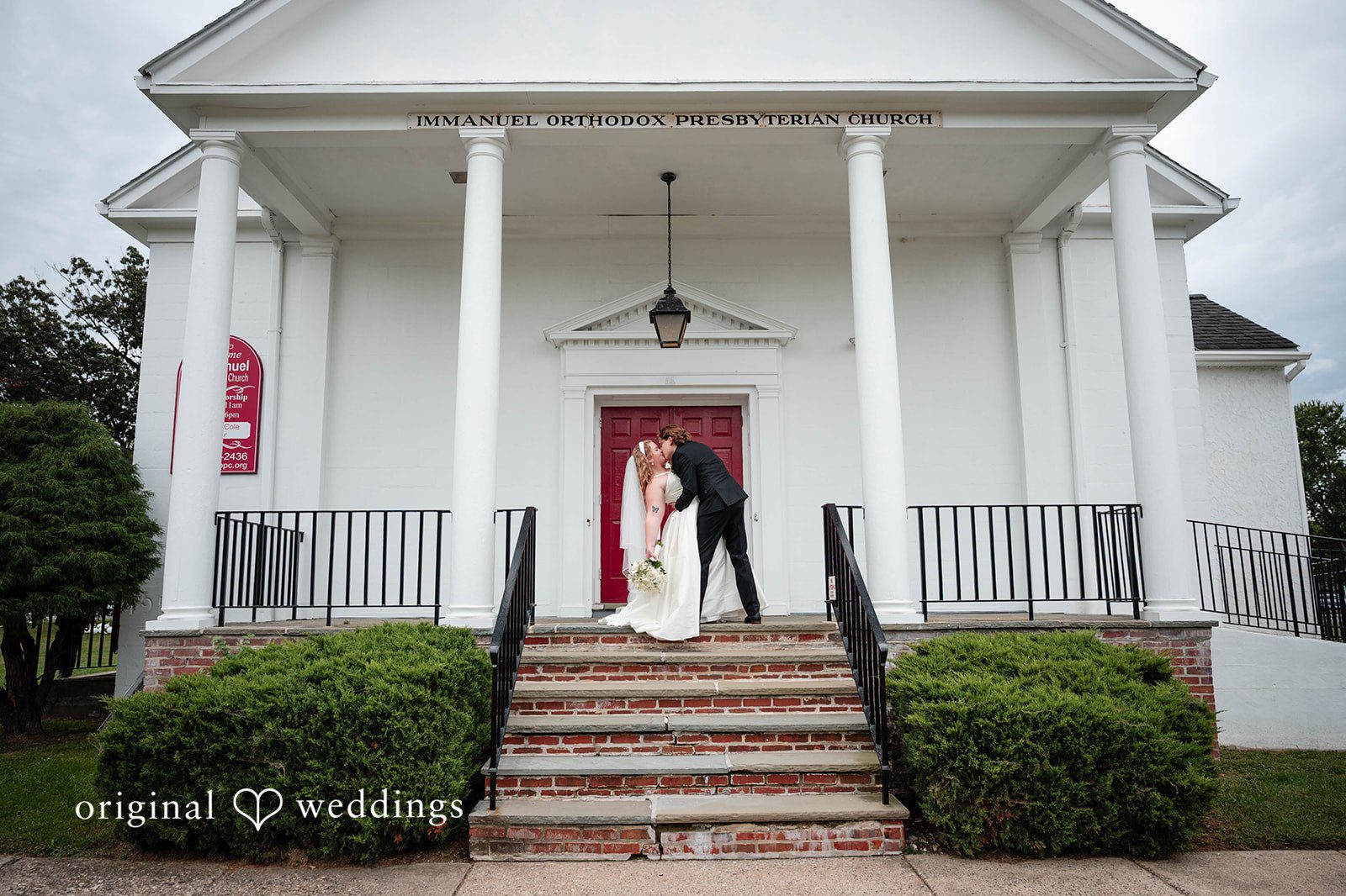 Bethany + Eddie White church exterior at Immanuel Orthodox Presbyterian Church