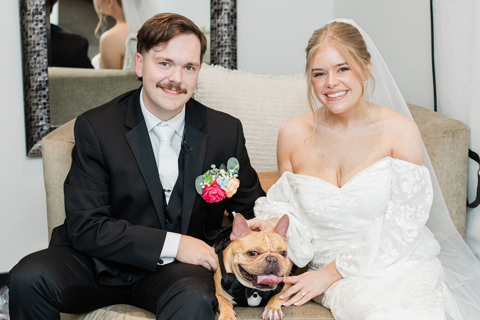 innsbrook-resort-airy-st-louis-sophia-brendan-p031-03 Bride and groom smiling with their dog, captured by St. Louis wedding photographers from Original Weddings at Innsbrook Resort