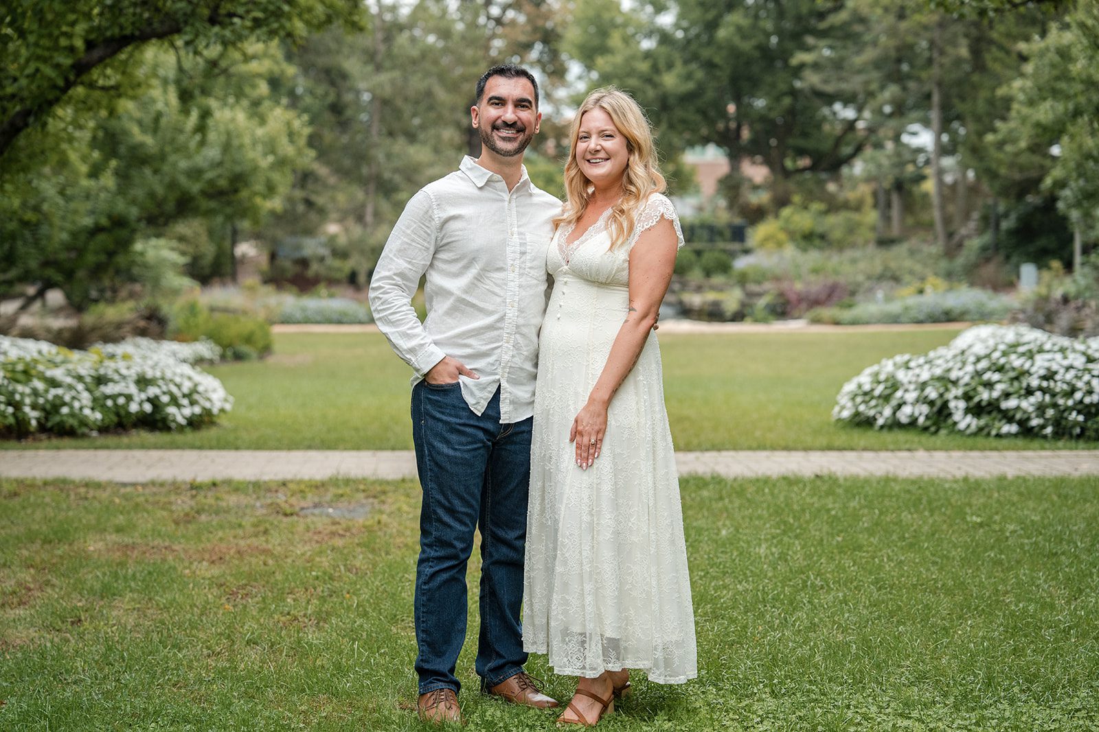 lilacia-park-timeless-chicago-dimitri-alexys-p003-13 Couple standing together on the garden lawn at Lilacia Park