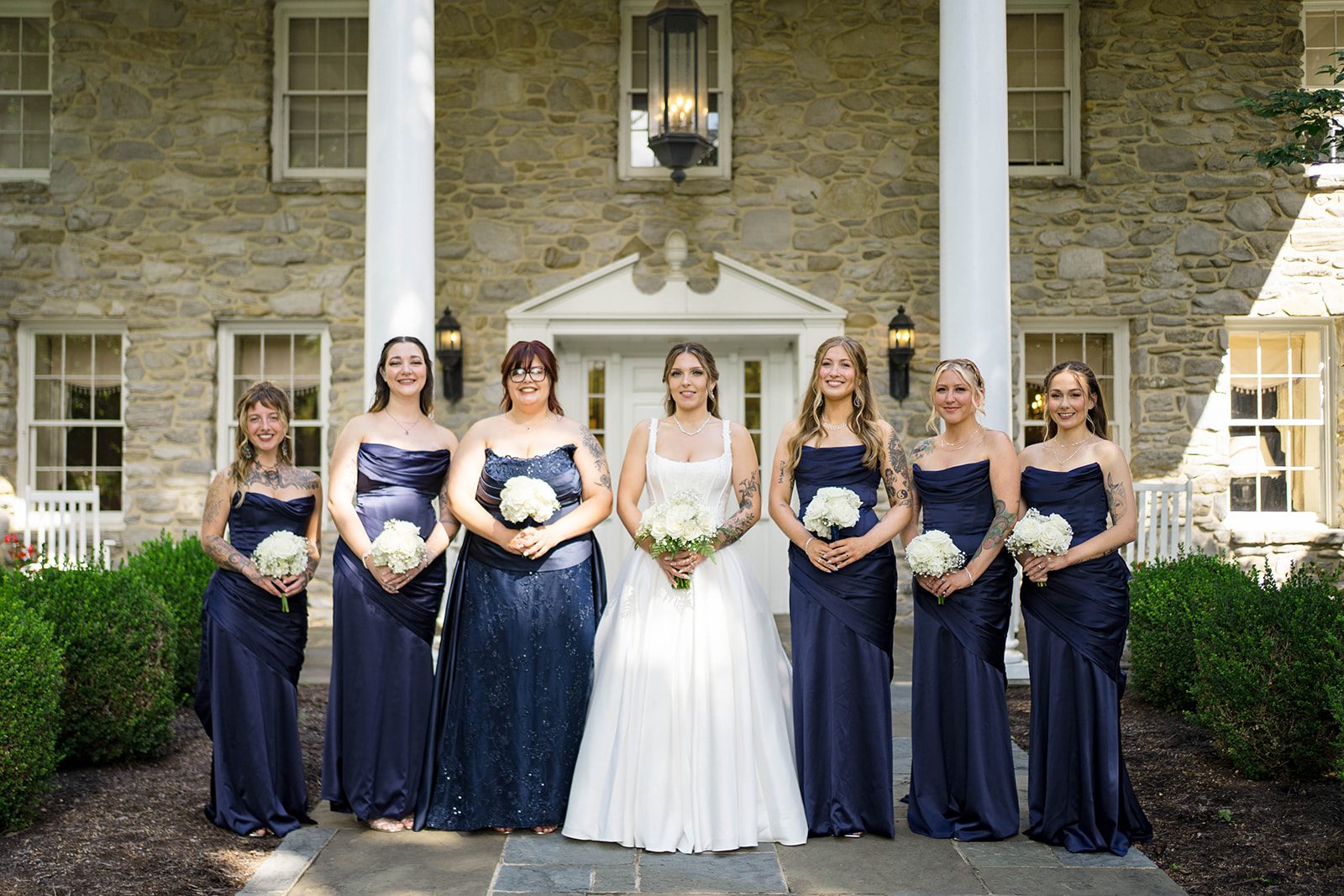 linwood-estate-timeless-baltimore-autumn-dylan-010-17 Bride with her bridesmaids in navy at Linwood Estate