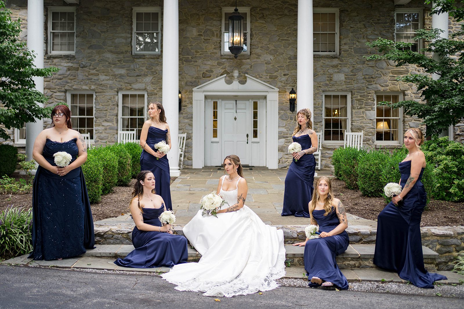linwood-estate-timeless-baltimore-autumn-dylan-015-49 Bride with bridesmaids in front of the mansion at Linwood Estate
