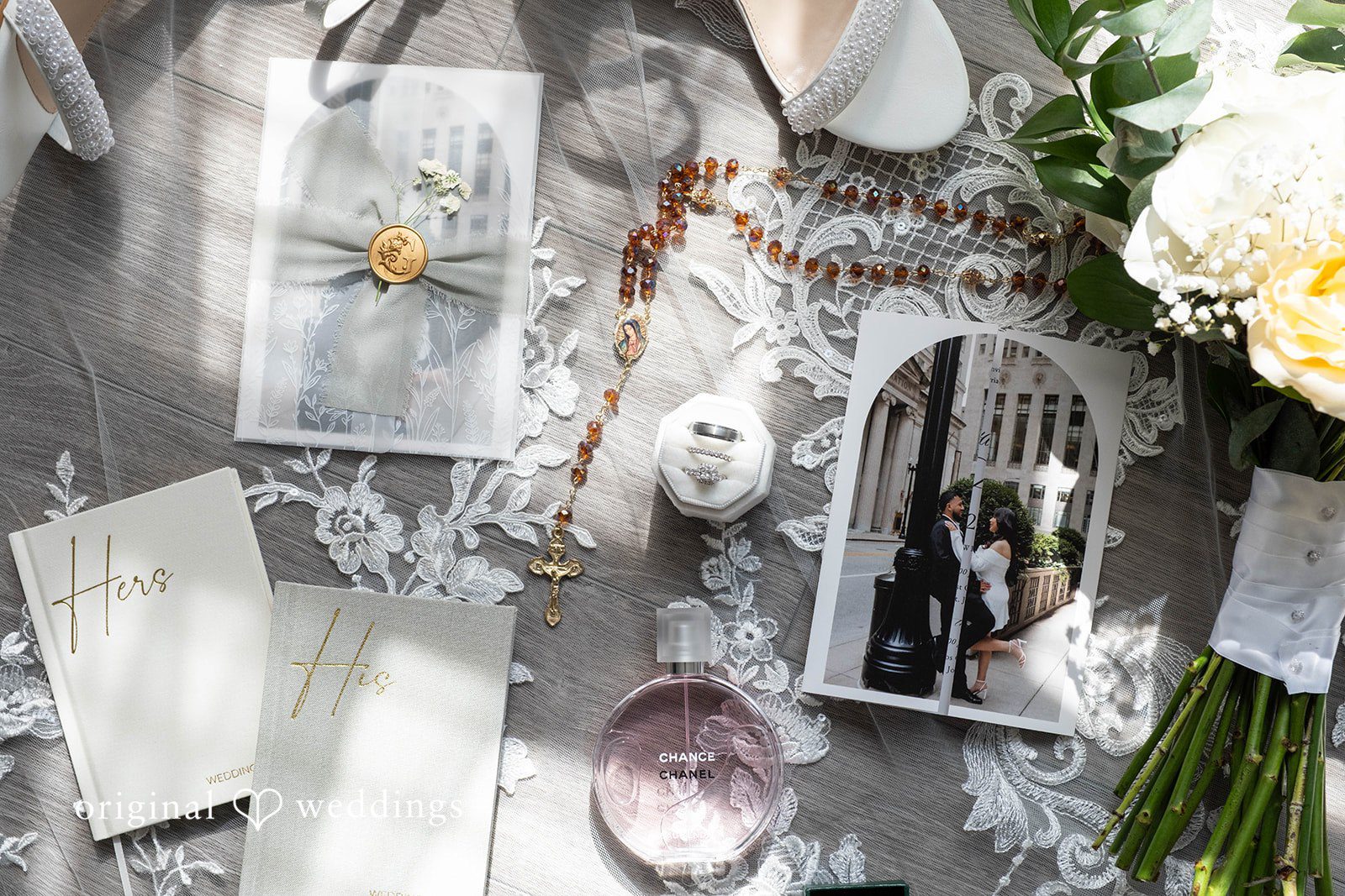 Sierra + Arturo Bridal details with perfume, jewelry and invitation