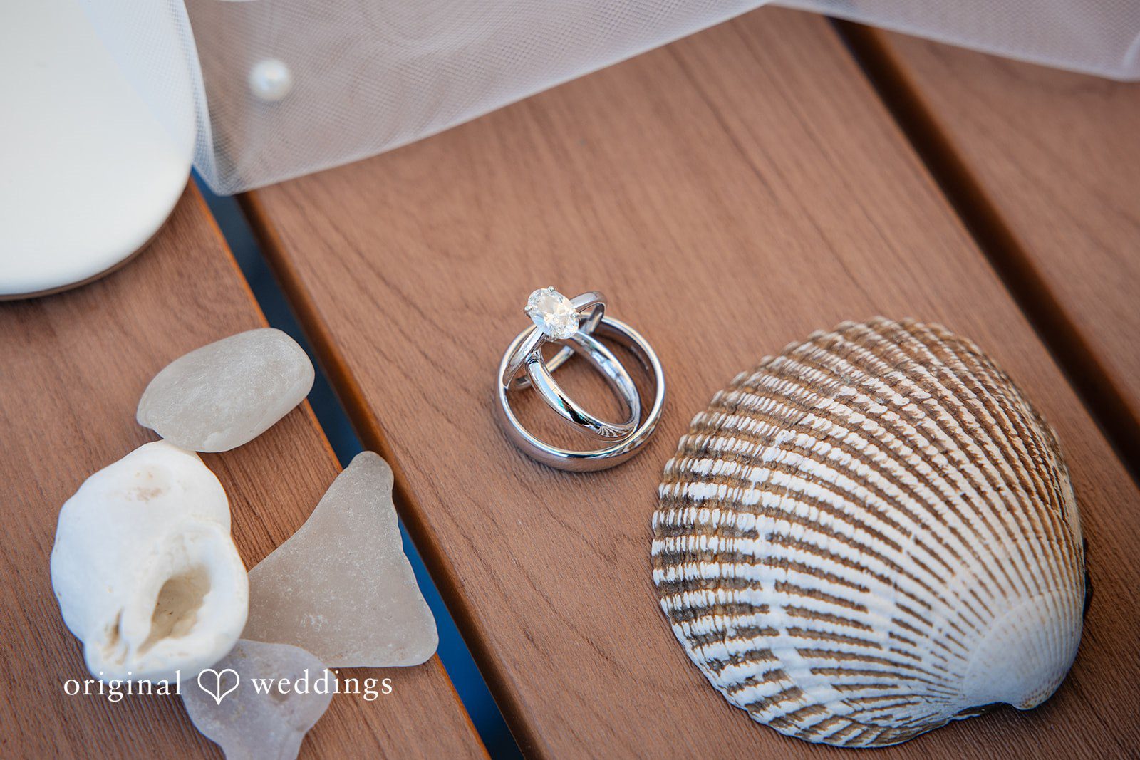Kelly + John Wedding ring resting on a seashell