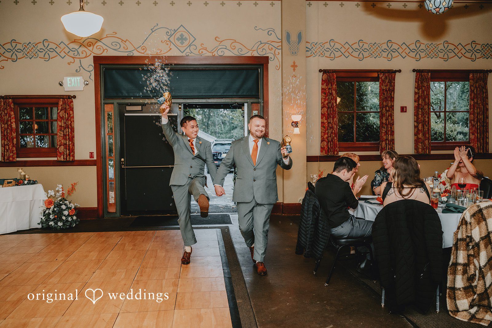 Benjamin + Tuan Grooms entering the reception hall at McMenamins Edgefield