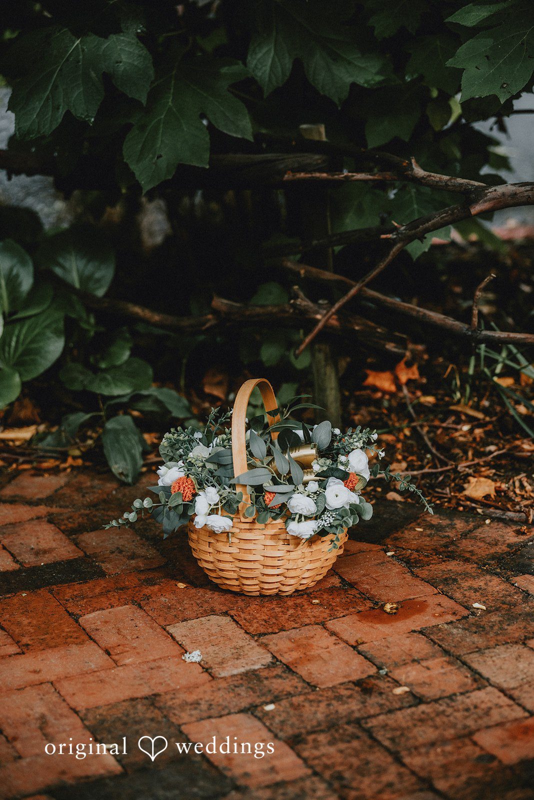 Benjamin + Tuan Basket of flowers on the brick garden path