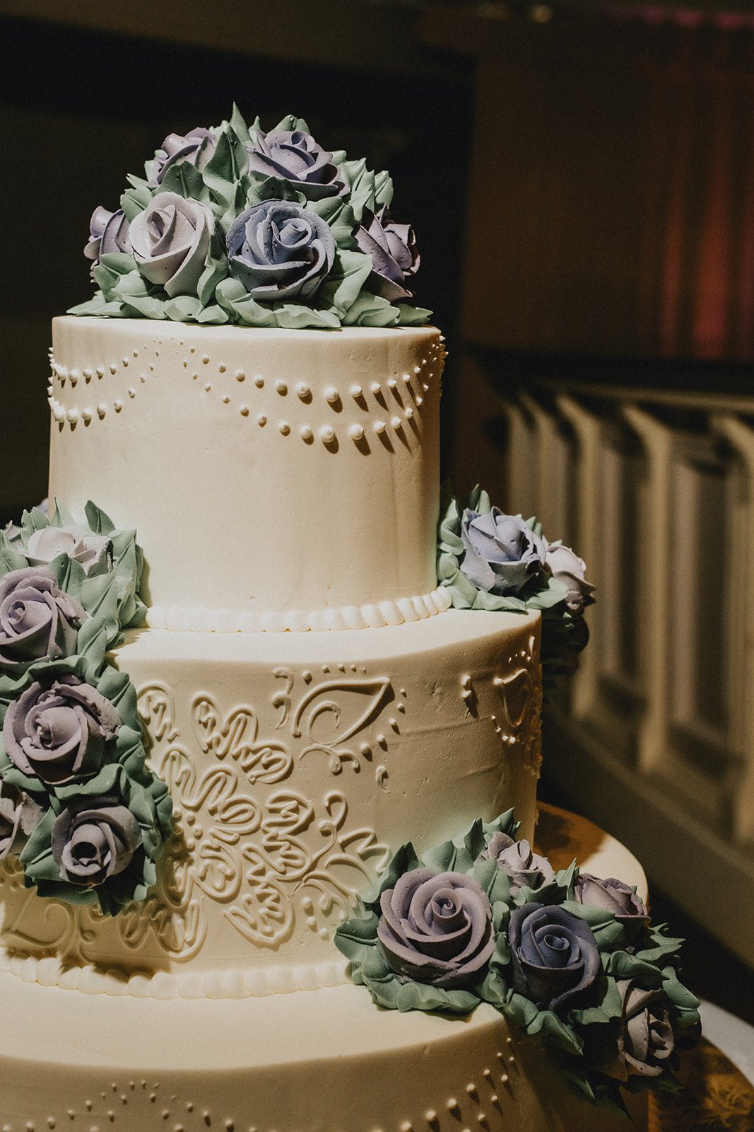 mechanics-hall-rustic-boston-brenna-walter-002-06 Three tier wedding cake with blue flowers