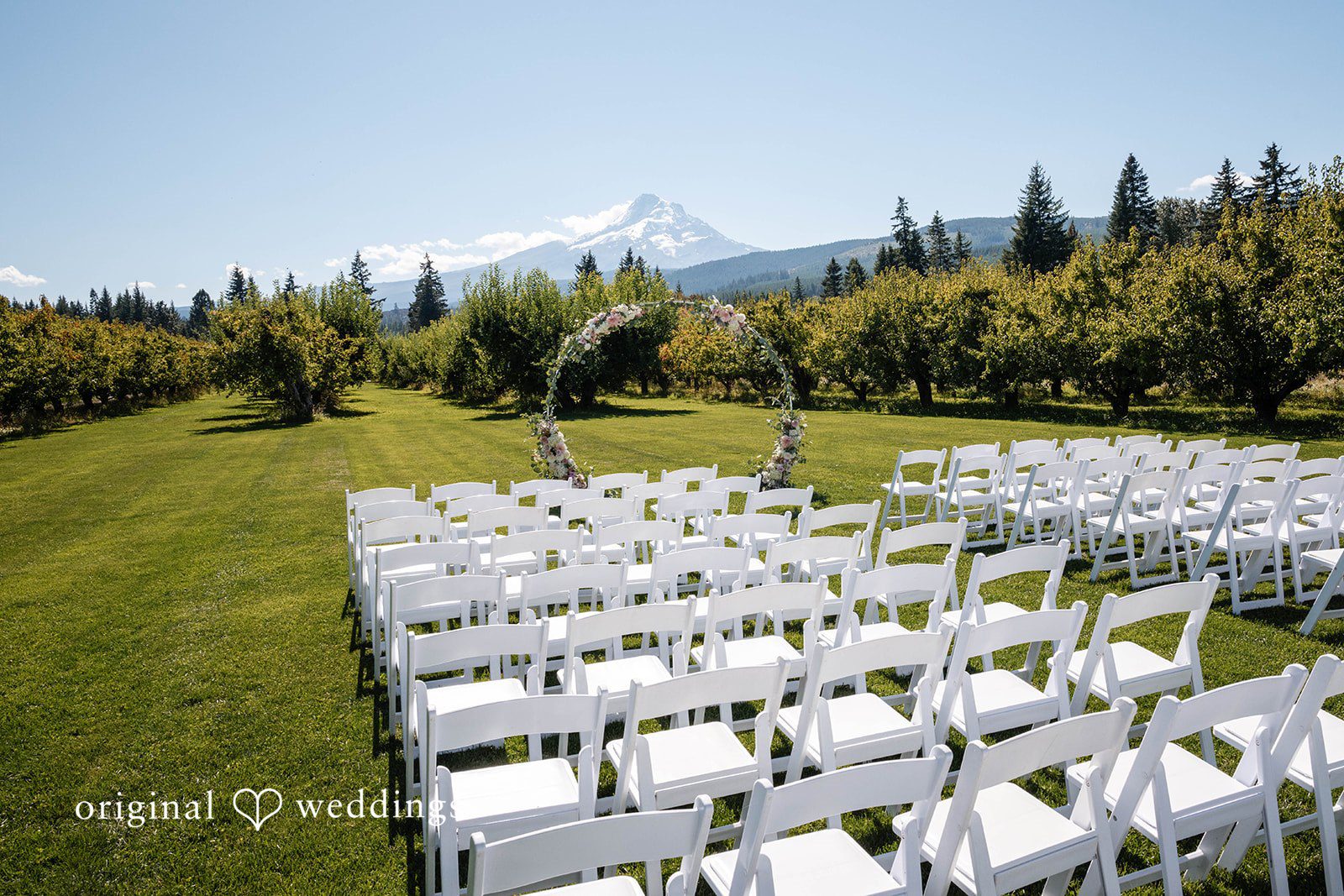 Ceremony seating facing Mount Hood at Mt View Orchards