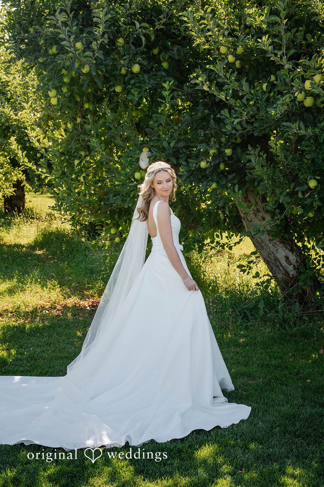 Bride standing alone in the orchard