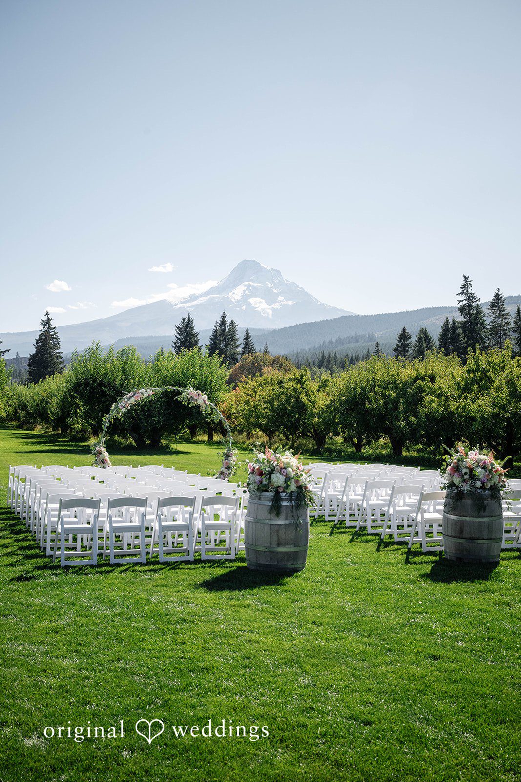 Ceremony chairs set up with a mountain view at Mt View Orchards