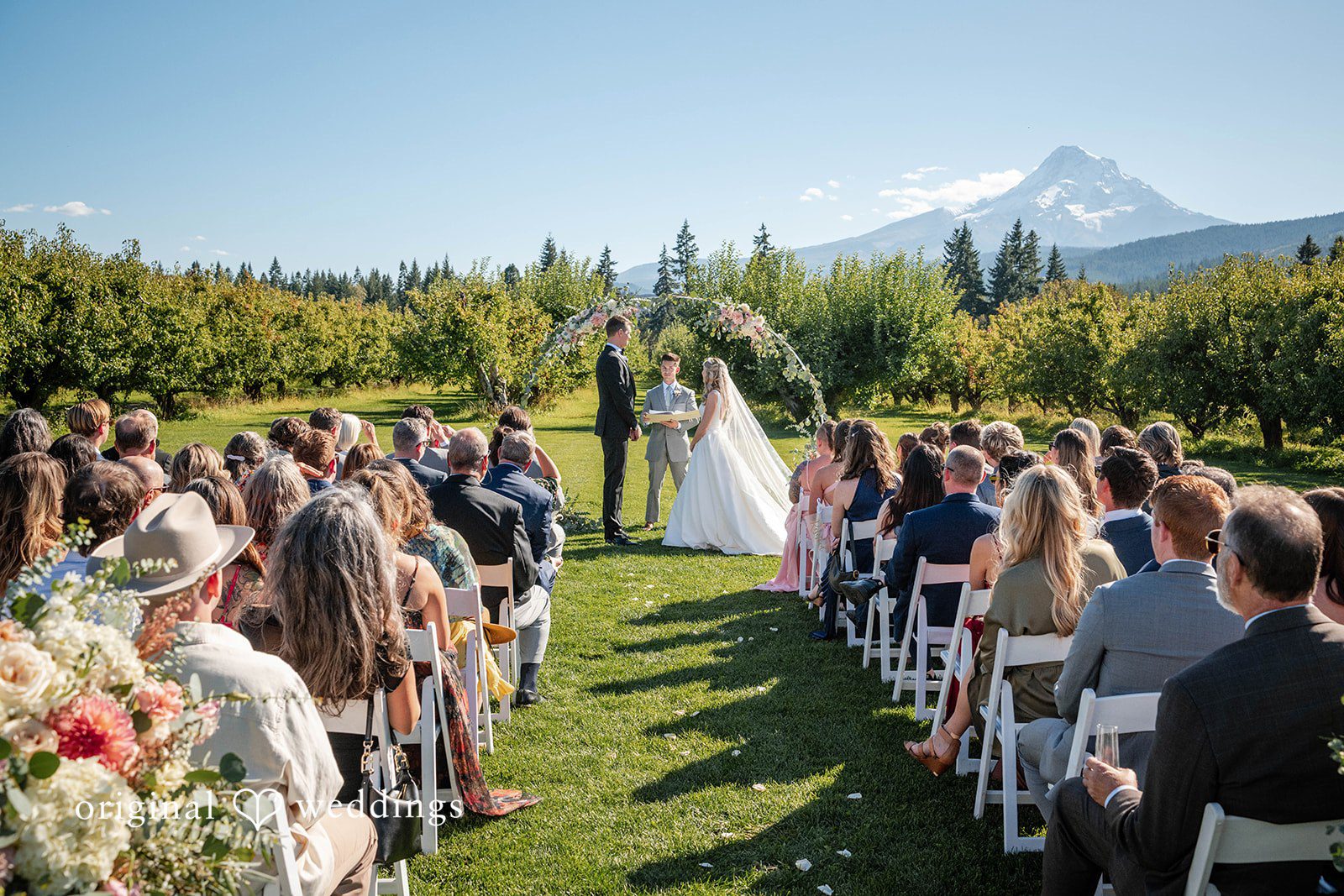 Guests watching the outdoor ceremony with Mount Hood behind at Mt View Orchards