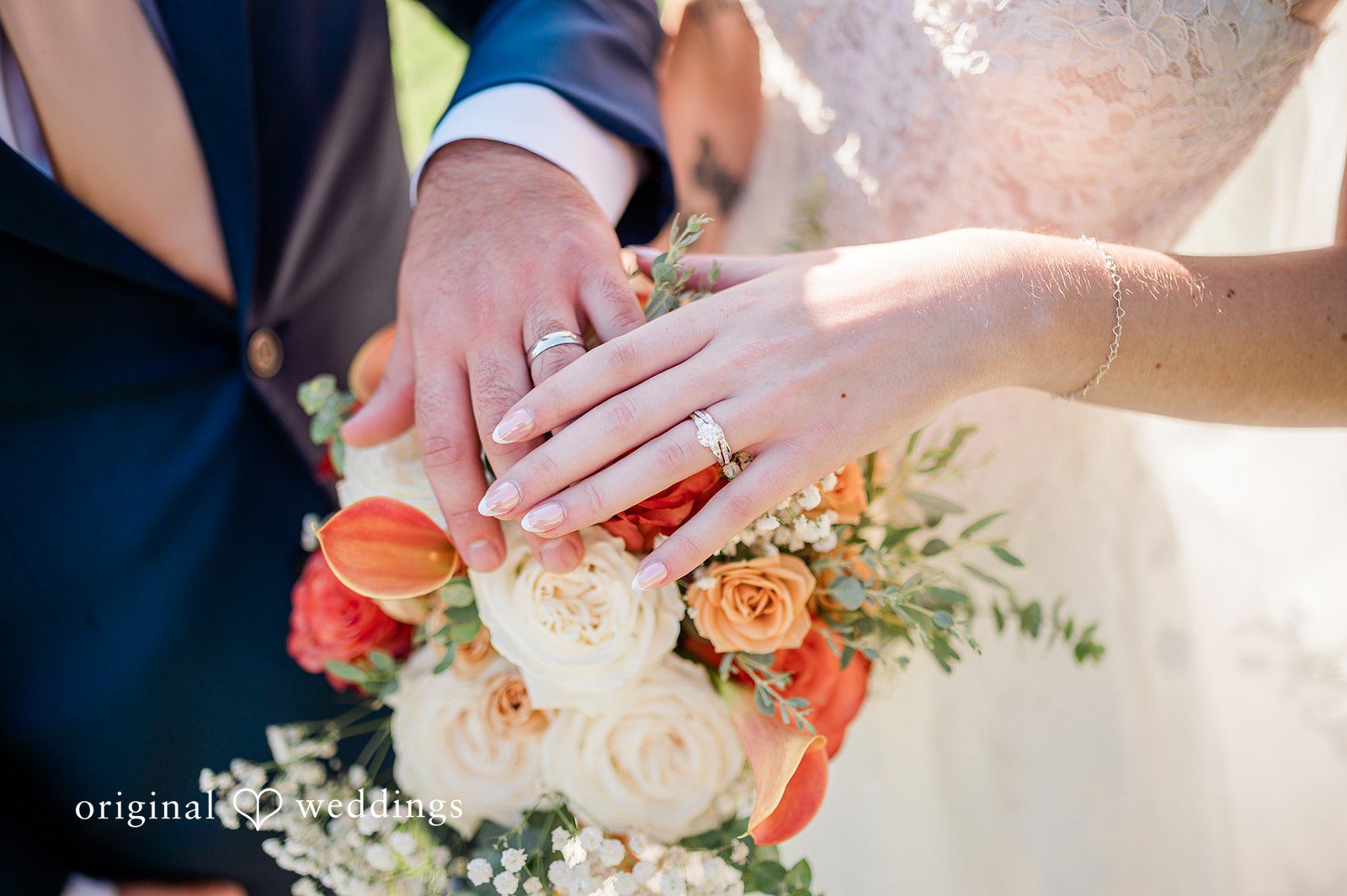 Kensey + Jordan Couple's hands showing the rings and bouquet