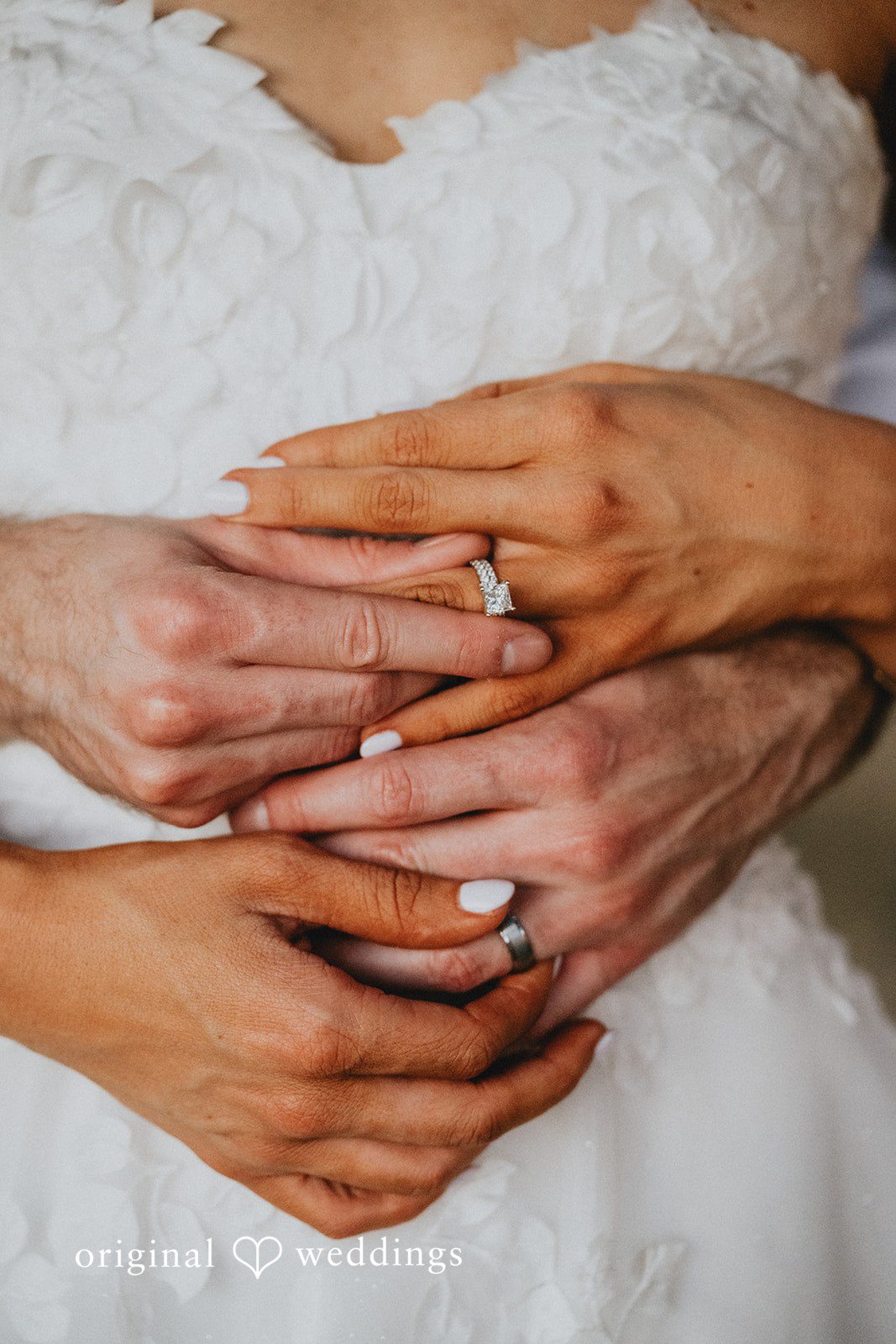 Couple's hands showing their wedding rings