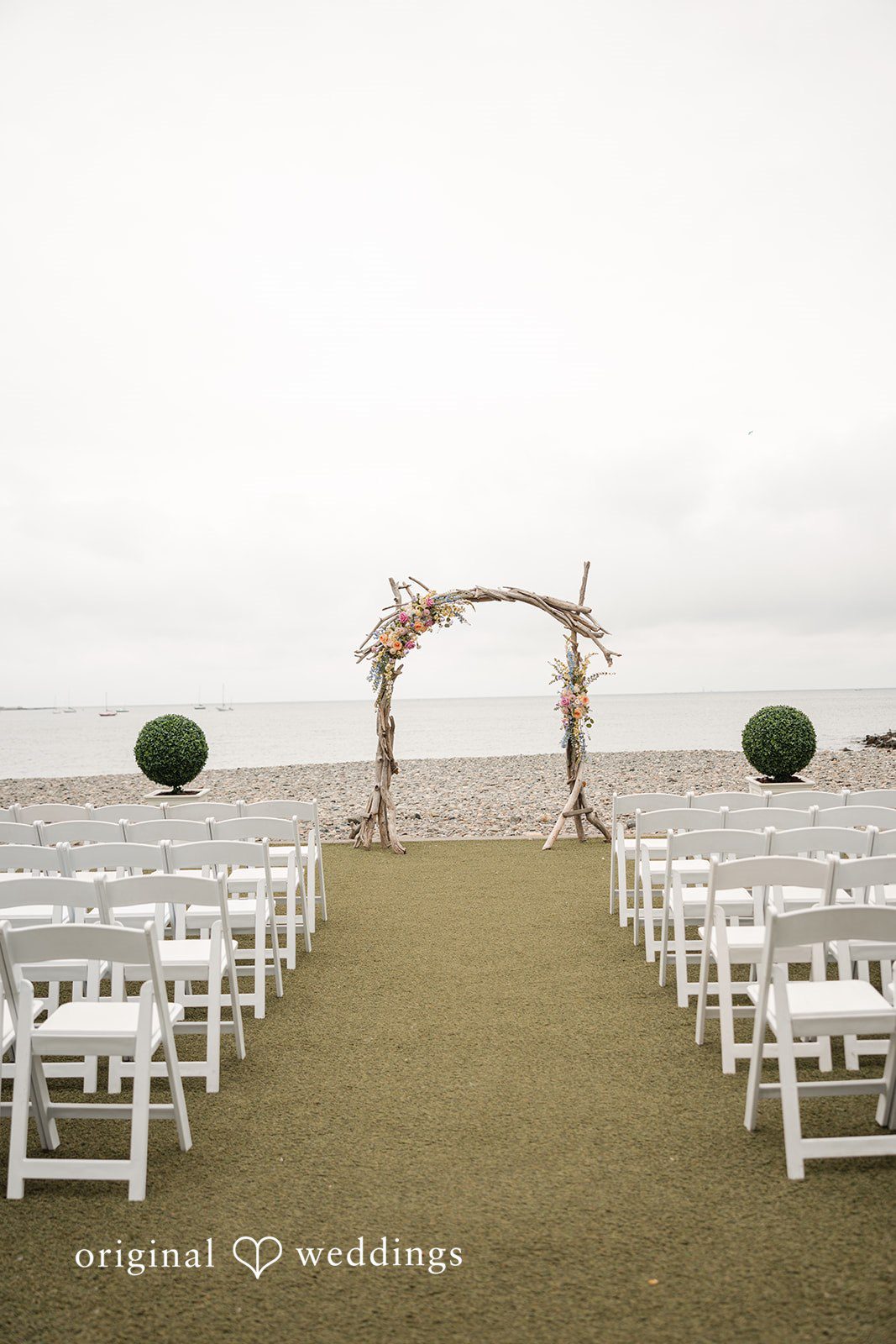 Francesca + Steven Decorated wedding ceremony space at Oceanview of Nahant