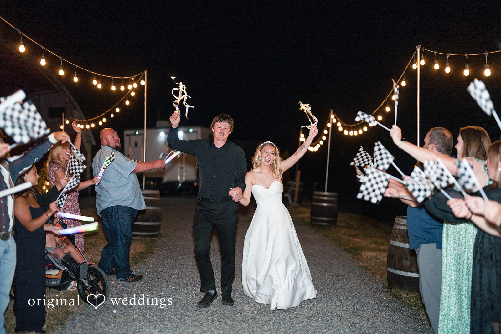 Baylee + Jackson Sparkler send off at night at Pemberton Farm