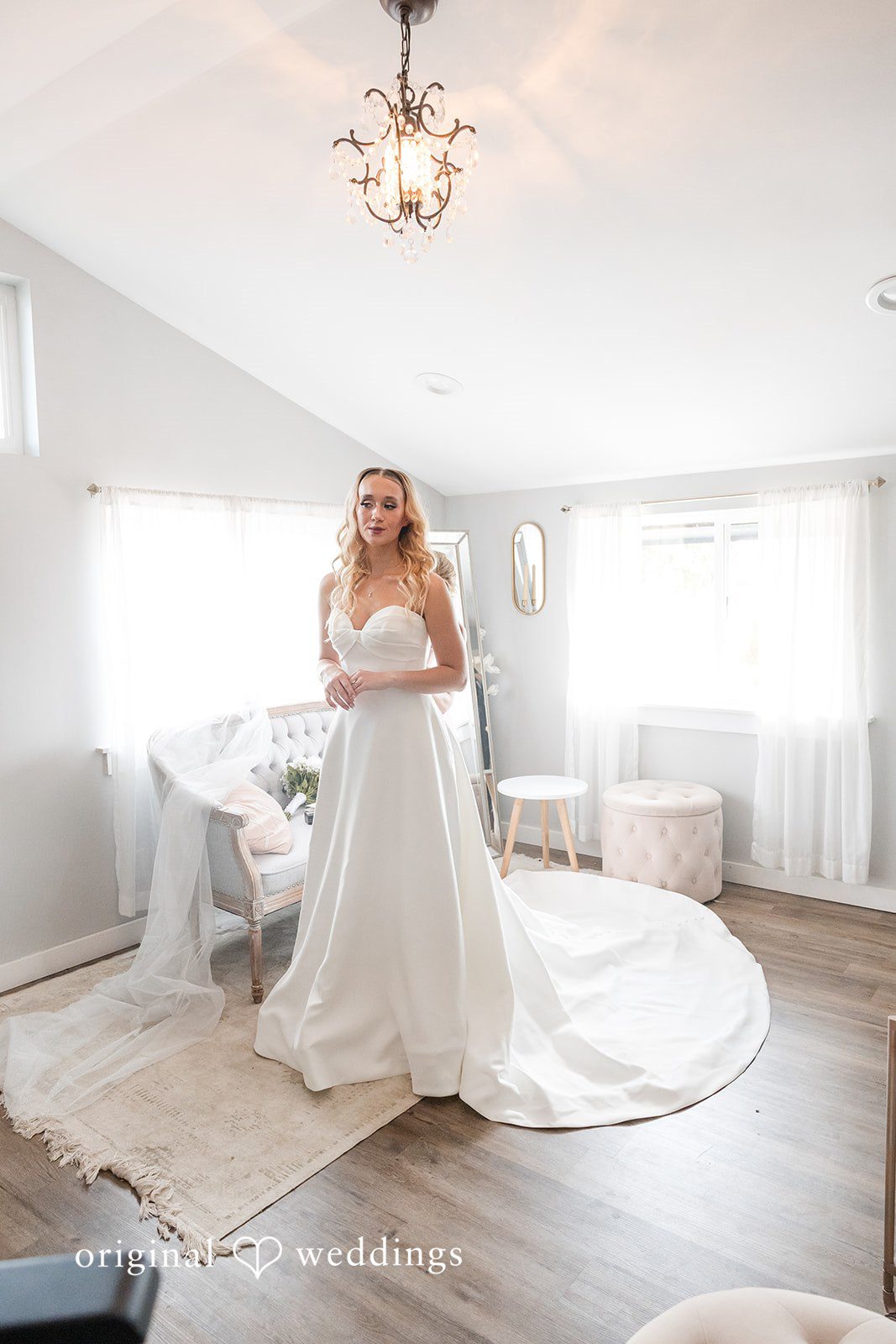 Baylee + Jackson Bride in her gown in a bright room at Pemberton Farm