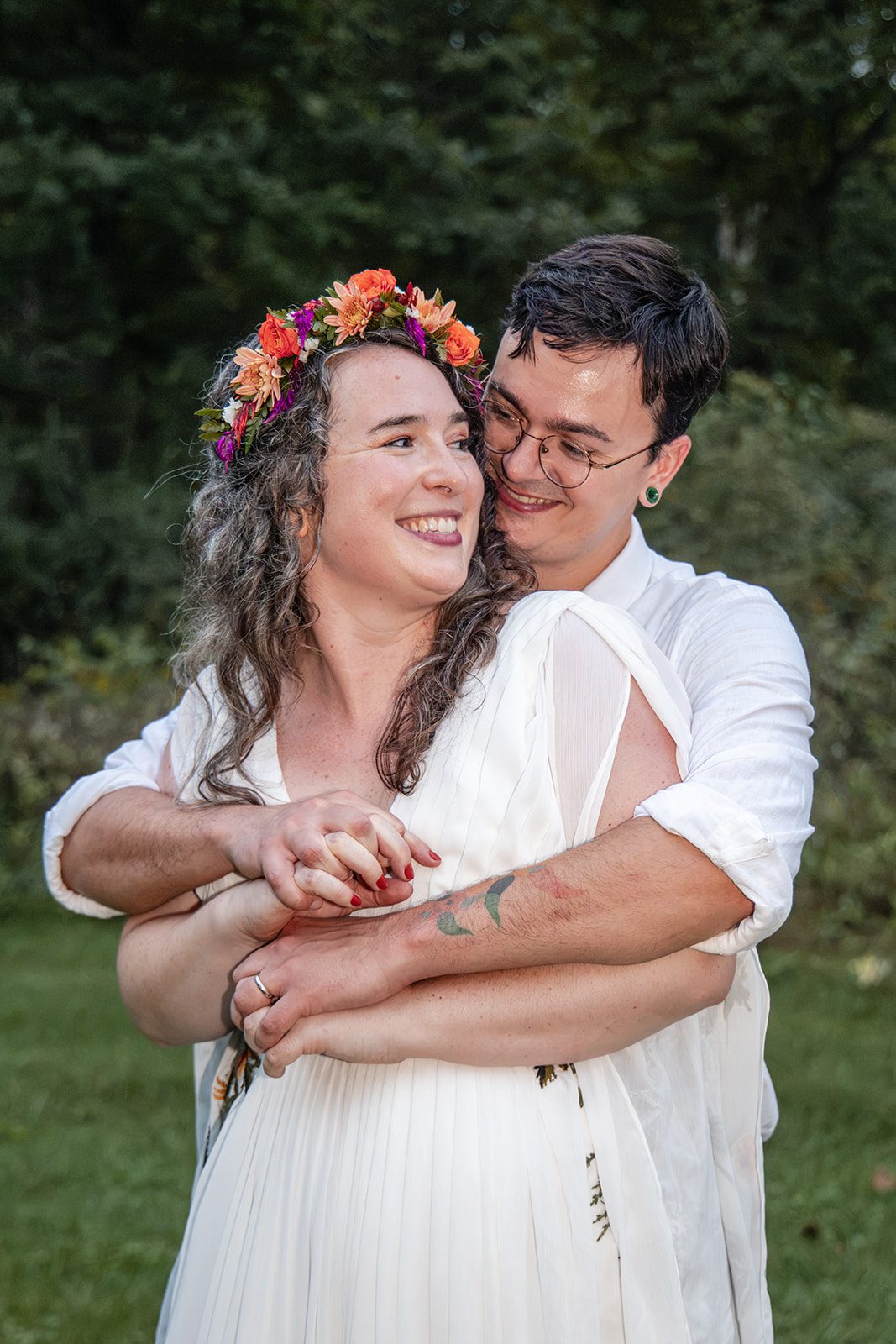 Bride and groom hugging