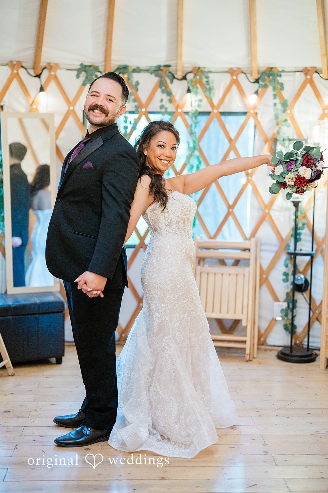 Christopher + Lydia Couple inside the decorated yurt at Redmond Emerald Forest