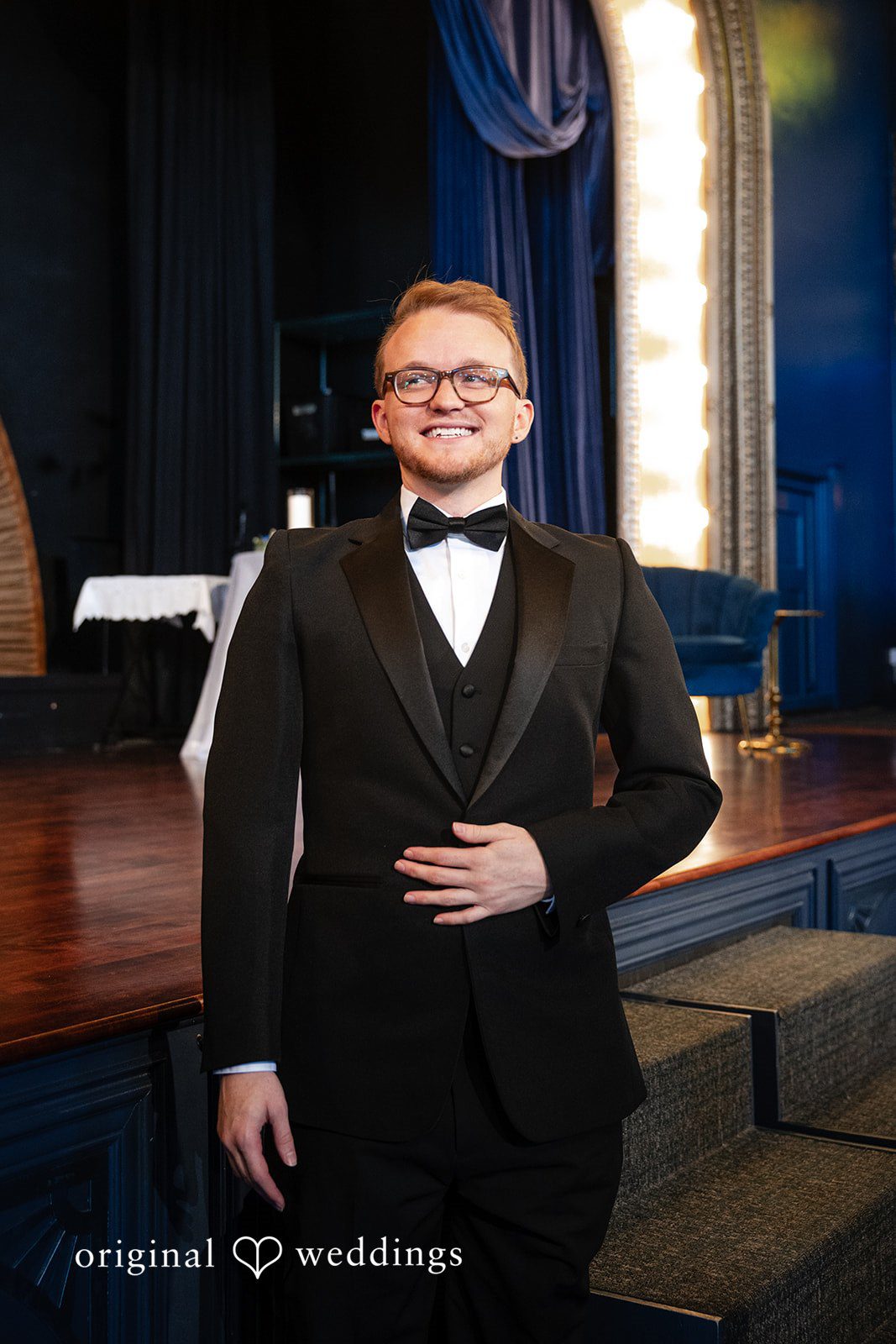 Portrait of Anthony in his tuxedo at Reverie Ballroom
