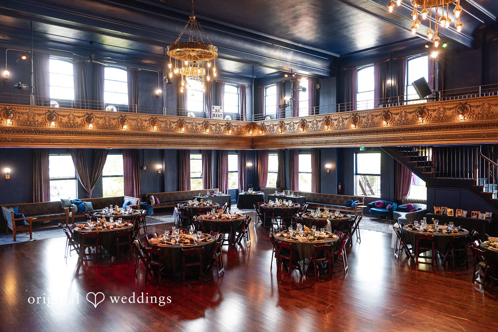 Empty ballroom with gold details at Reverie Ballroom