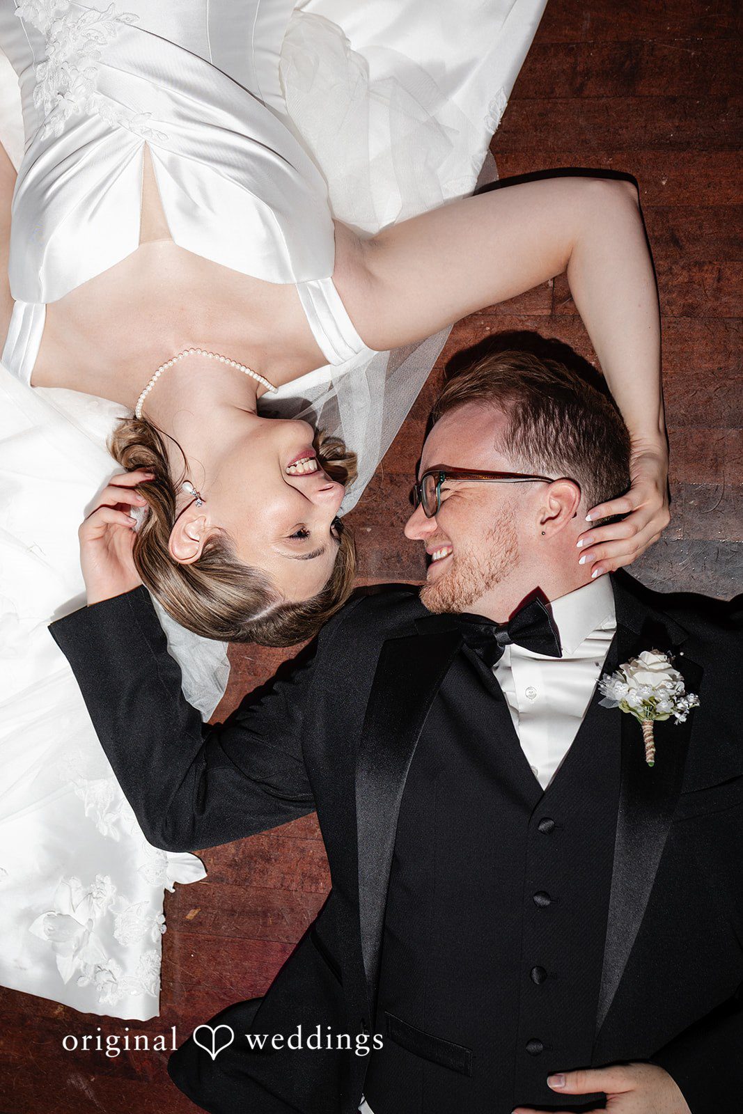 Bride and groom close portrait from above