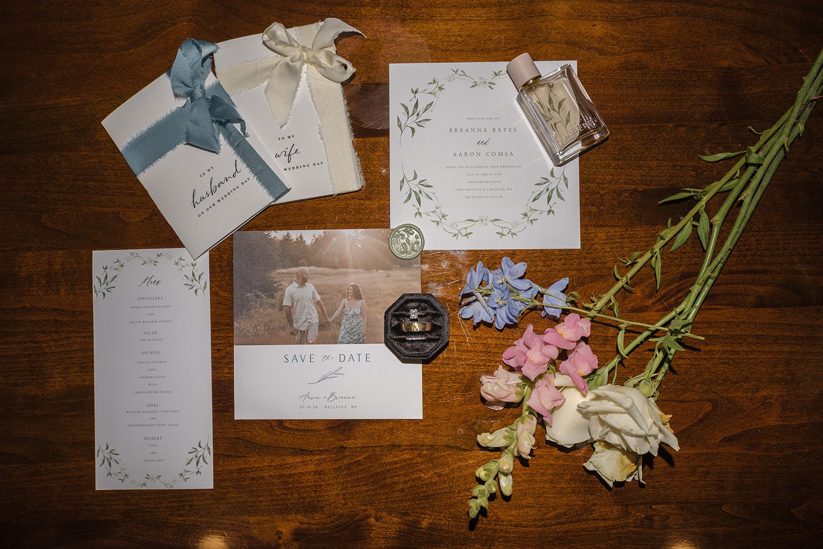 Wedding invitation suite styled with flowers