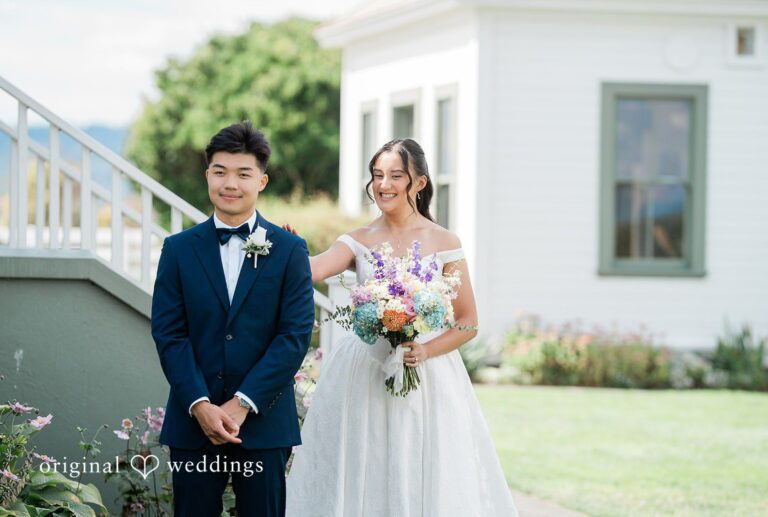Bianca and Russell posing together on the lawn, captured by Seattle wedding photographers from Original Weddings at RoseHill Community Center