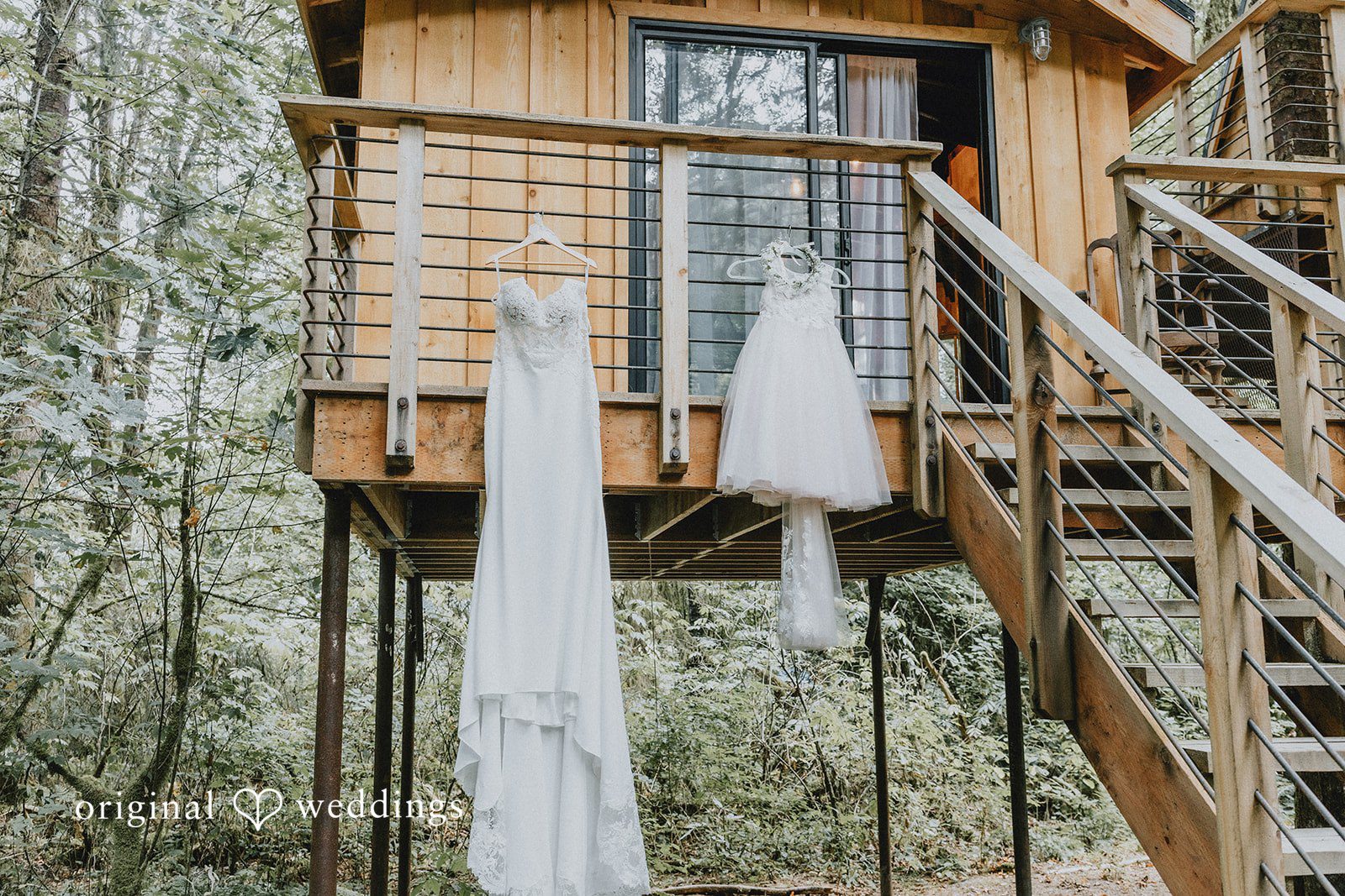 Kailyn + Tony Wedding dress hanging from a treehouse at Samara Farm