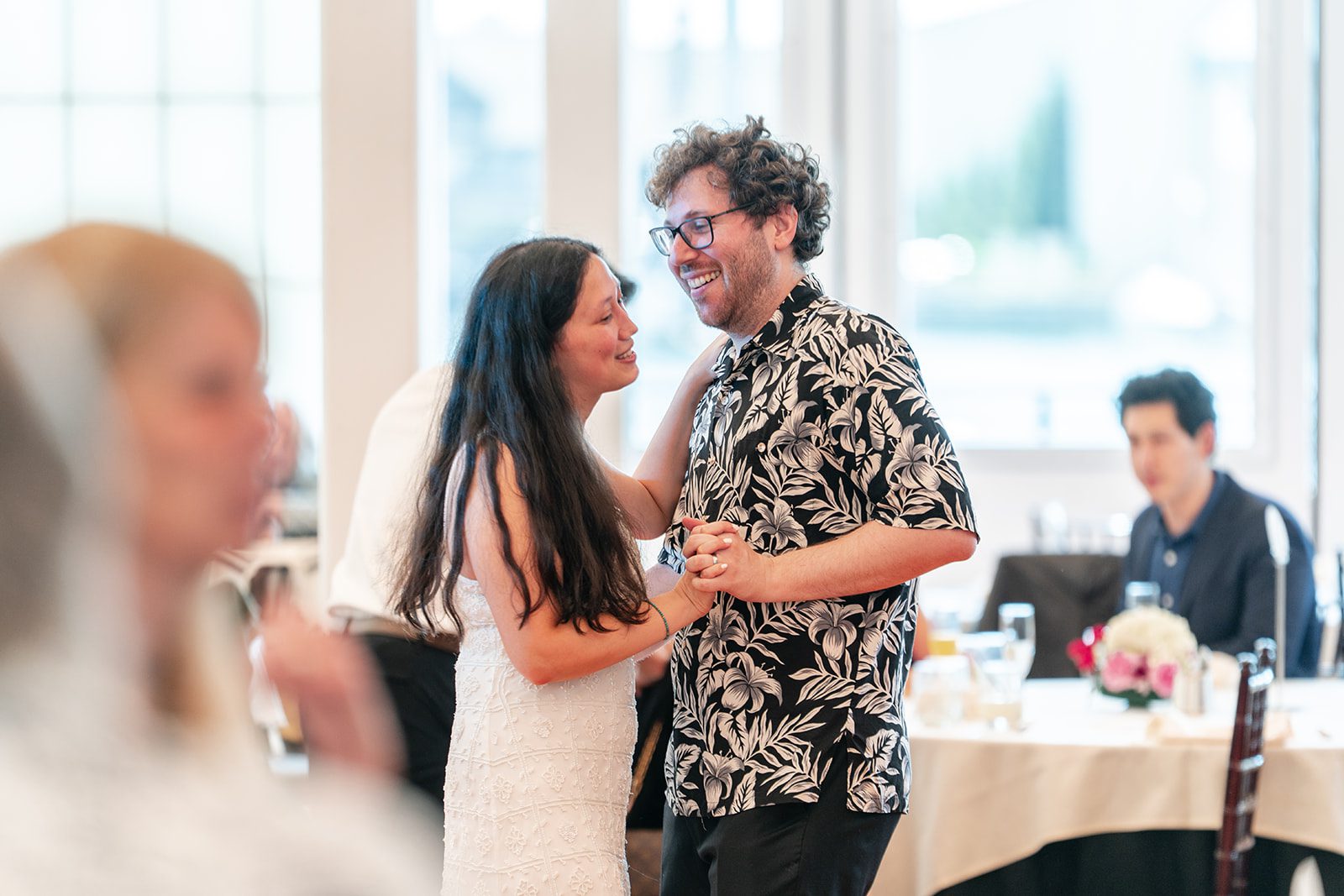 scotts-seafood-grill-bar-timeless-san-francisco-libby-ethan-p015-04 Bride and groom dancing at the reception, captured by San Francisco wedding photographers from Original Weddings at Scott's Seafood Grill & Bar