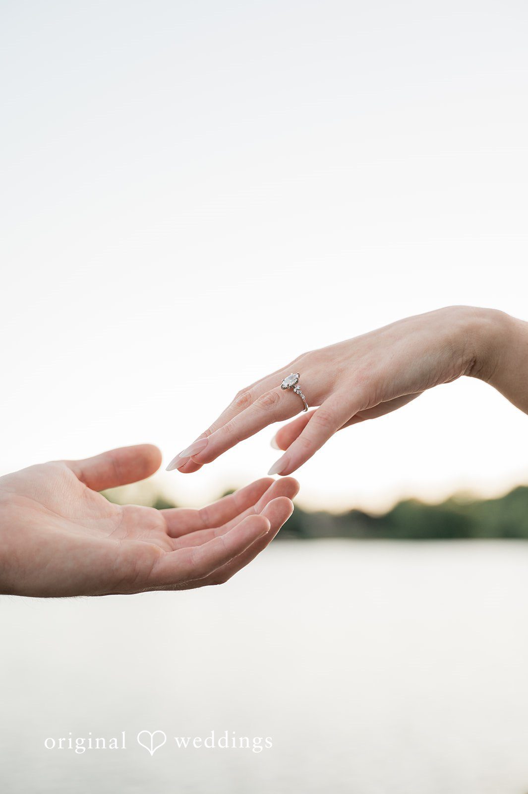 Jada + Nathan Hands reaching toward each other by the lake at Silverwood Park