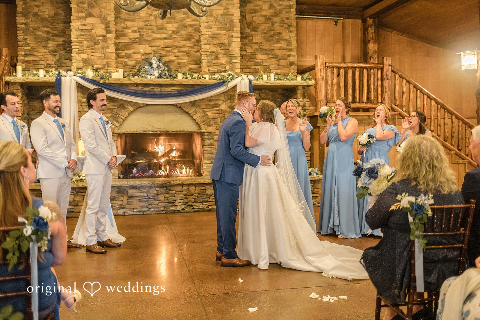 Faith + Brandon Wide view of the indoor ceremony at Spruce Mountain Ranch