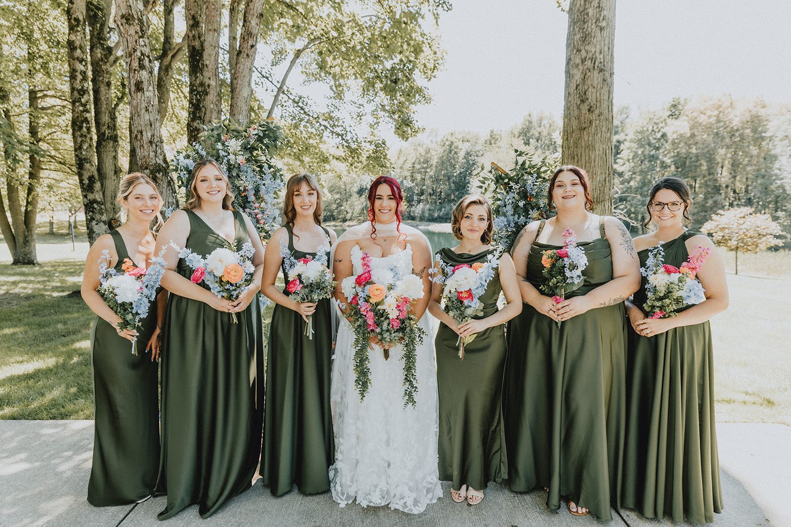 sun-valley-rustic-cleveland-jamie-nick-011-41 Bride with her bridesmaids in olive green at Sun Valley