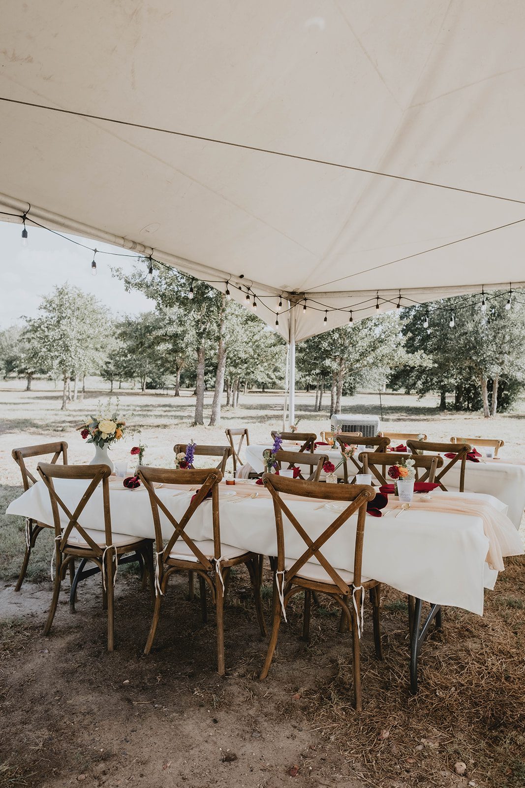 texas-backyard-rustic-austin-megan-kyle-p003-09 Long wooden tables under the tent at their Texas backyard wedding