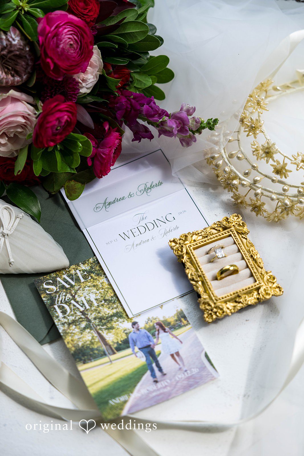 Andrea + Roberto Invitation, icons and bridal details laid out together