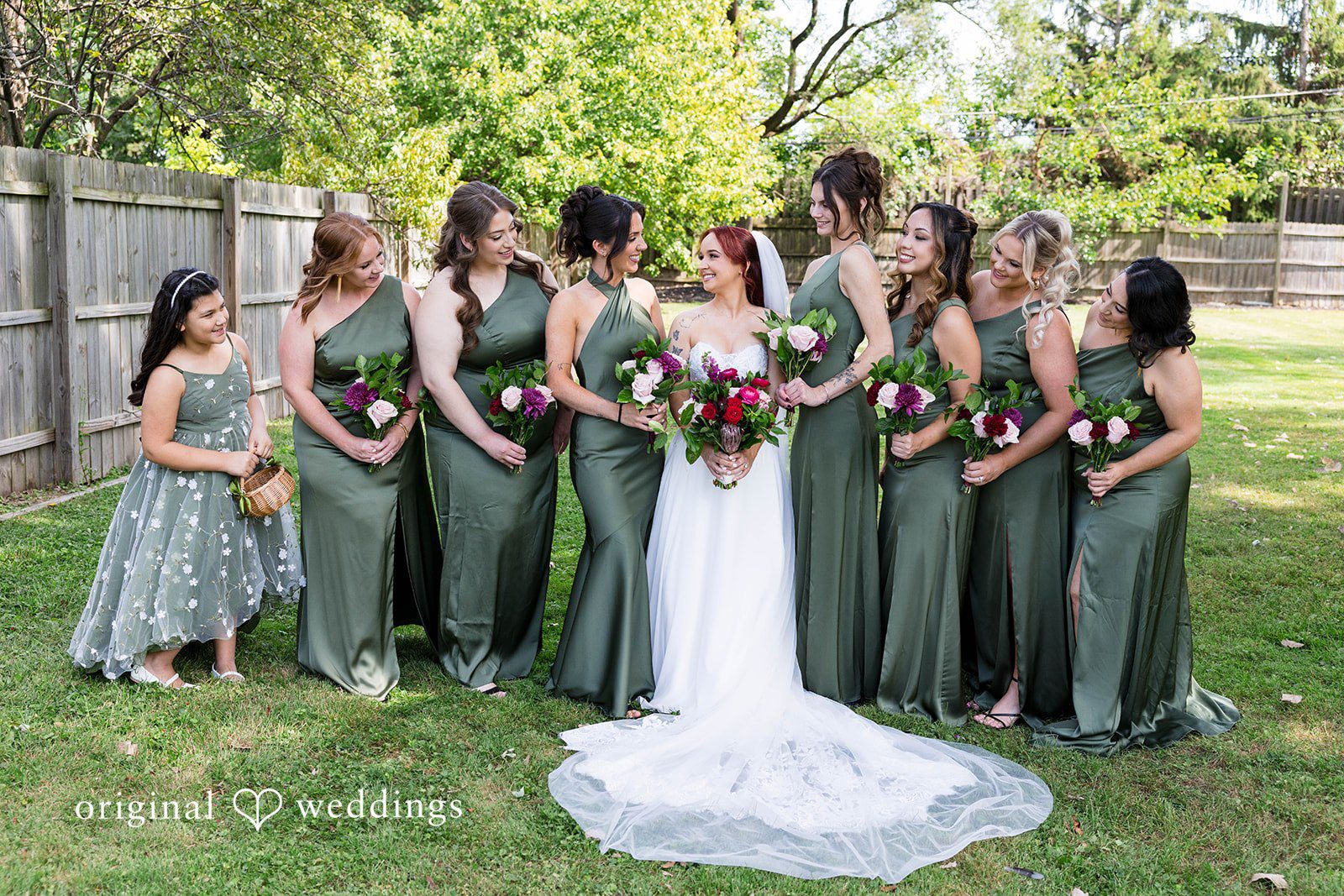 Andrea + Roberto Bride with her bridesmaids in olive green