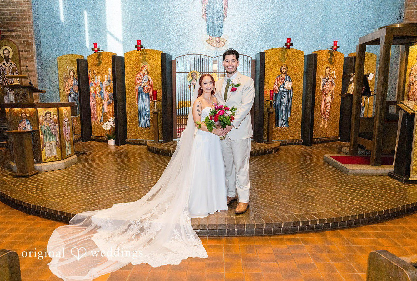 Andrea and Roberto at the altar during their Greek Orthodox ceremony, captured by Chicago wedding photographers from Original Weddings at The Crawford