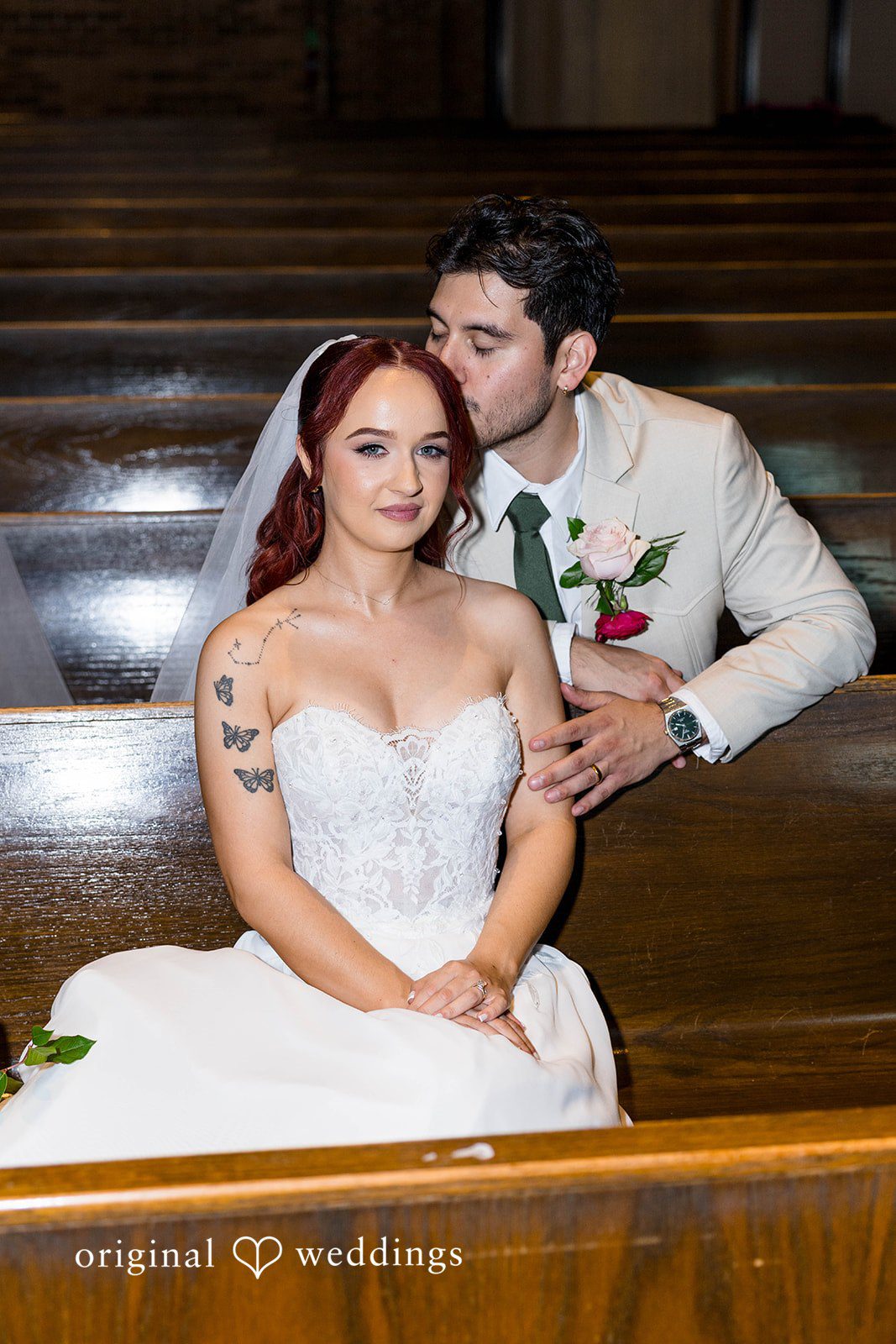 Andrea + Roberto Couple sitting together in a church pew
