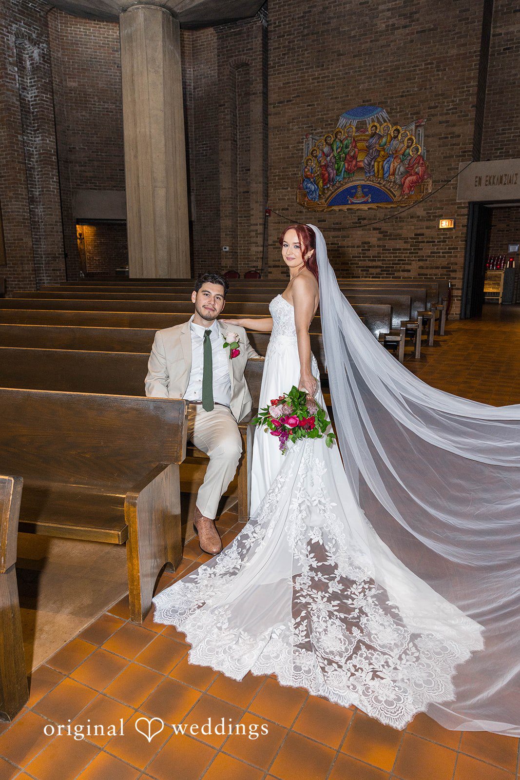 Andrea + Roberto Bride in the church with her long veil