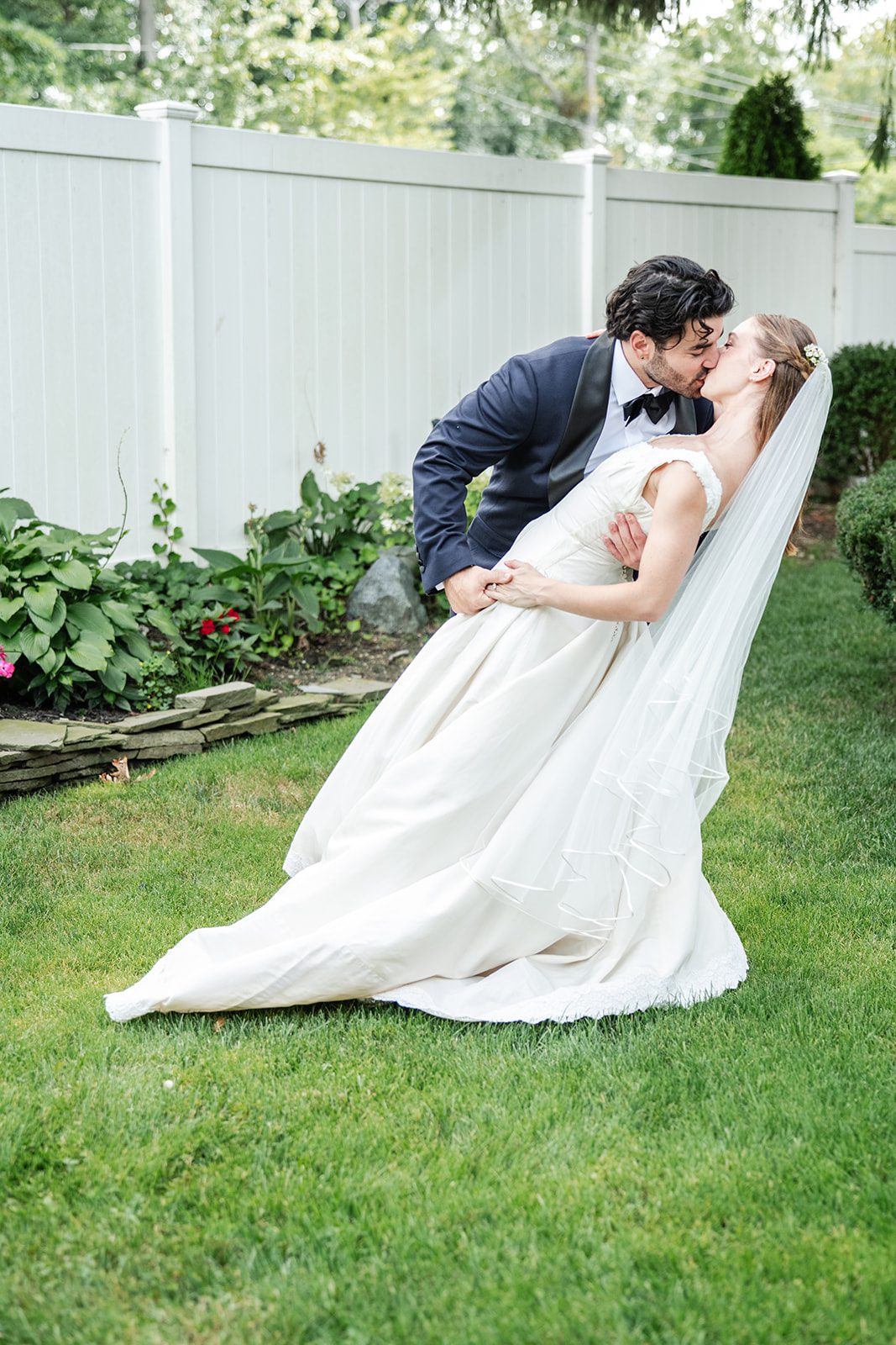 Bride and groom in the garden