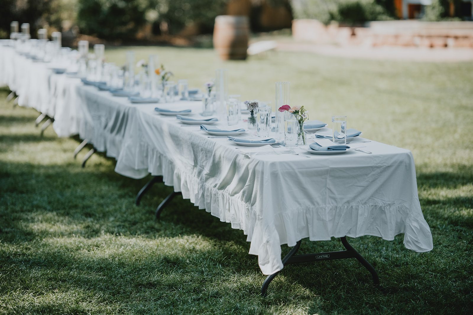 Long reception tables on the lawn at The Lyons Farmette