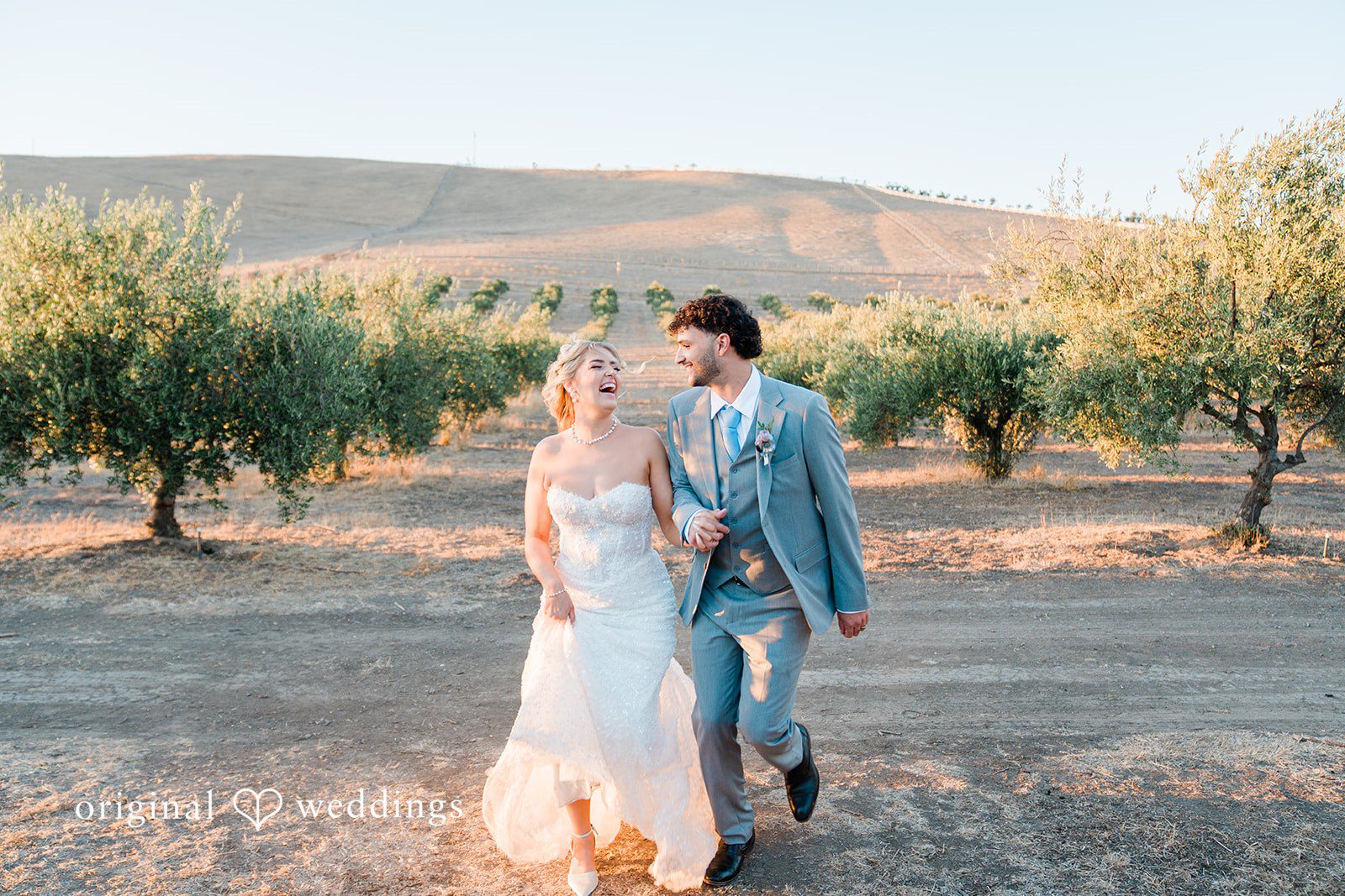 Bride and groom walking through the olive grove, captured by San Francisco wedding photographers from Original Weddings