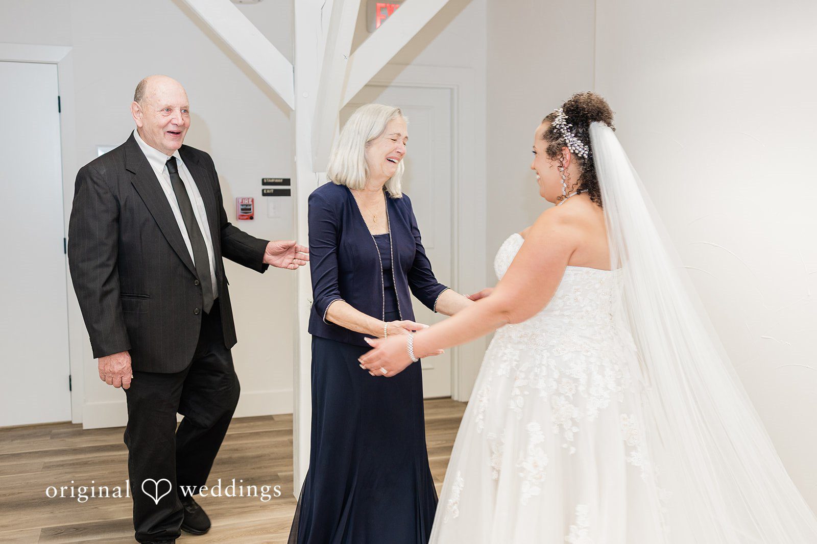 Daniel + Dalte A bride and a man in a black suit talk near a woman in a dark blue dress.