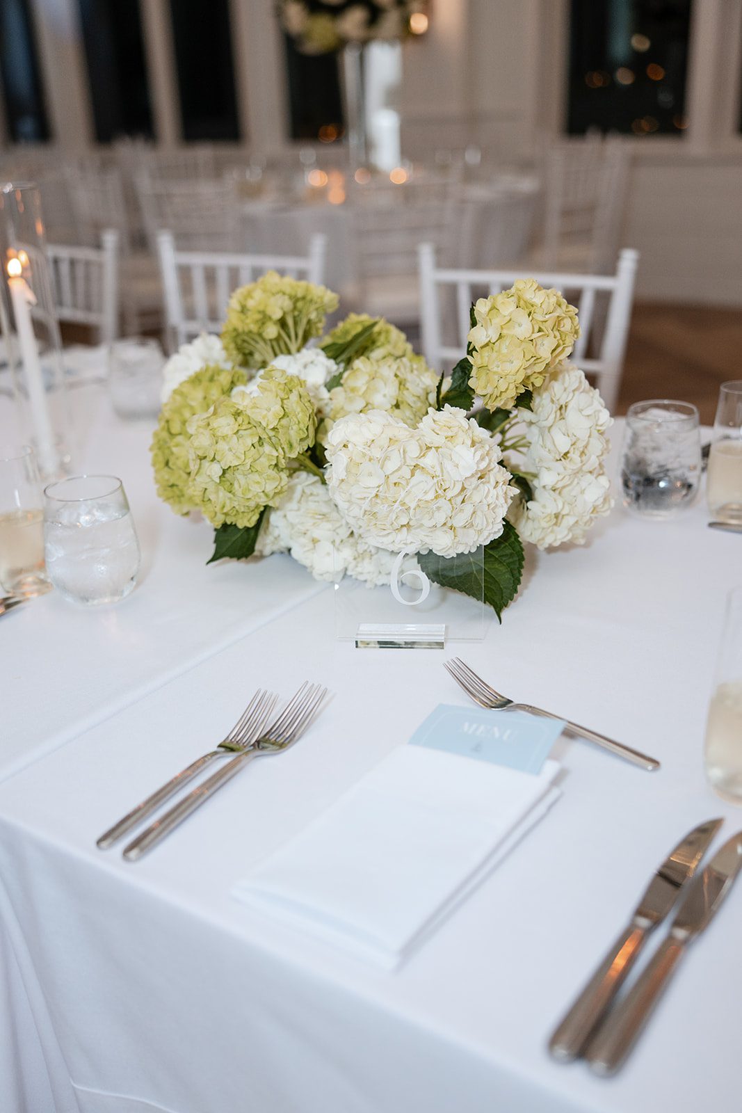 Table setting with a hydrangea centerpiece