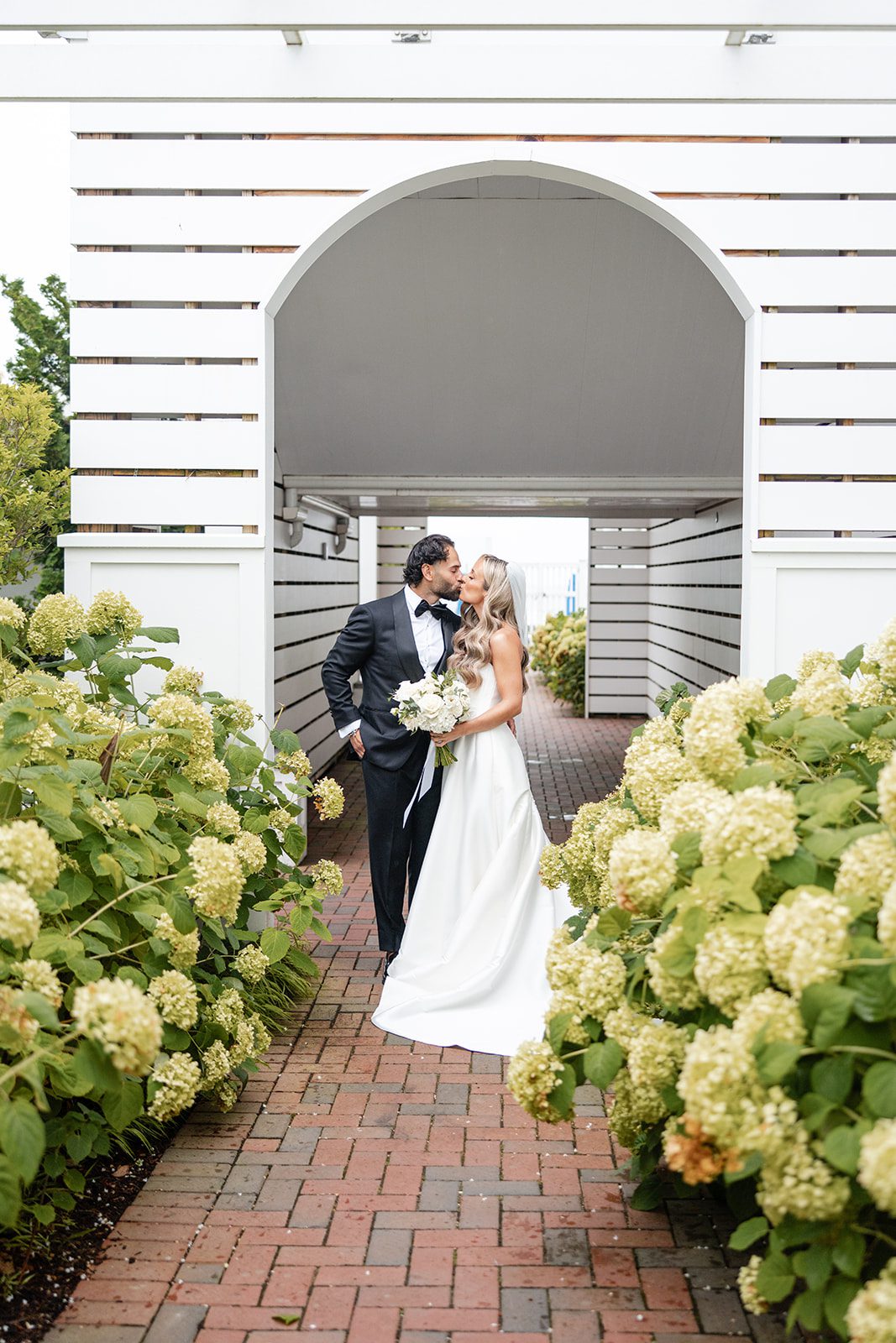 Bride and groom by the hydrangeas
