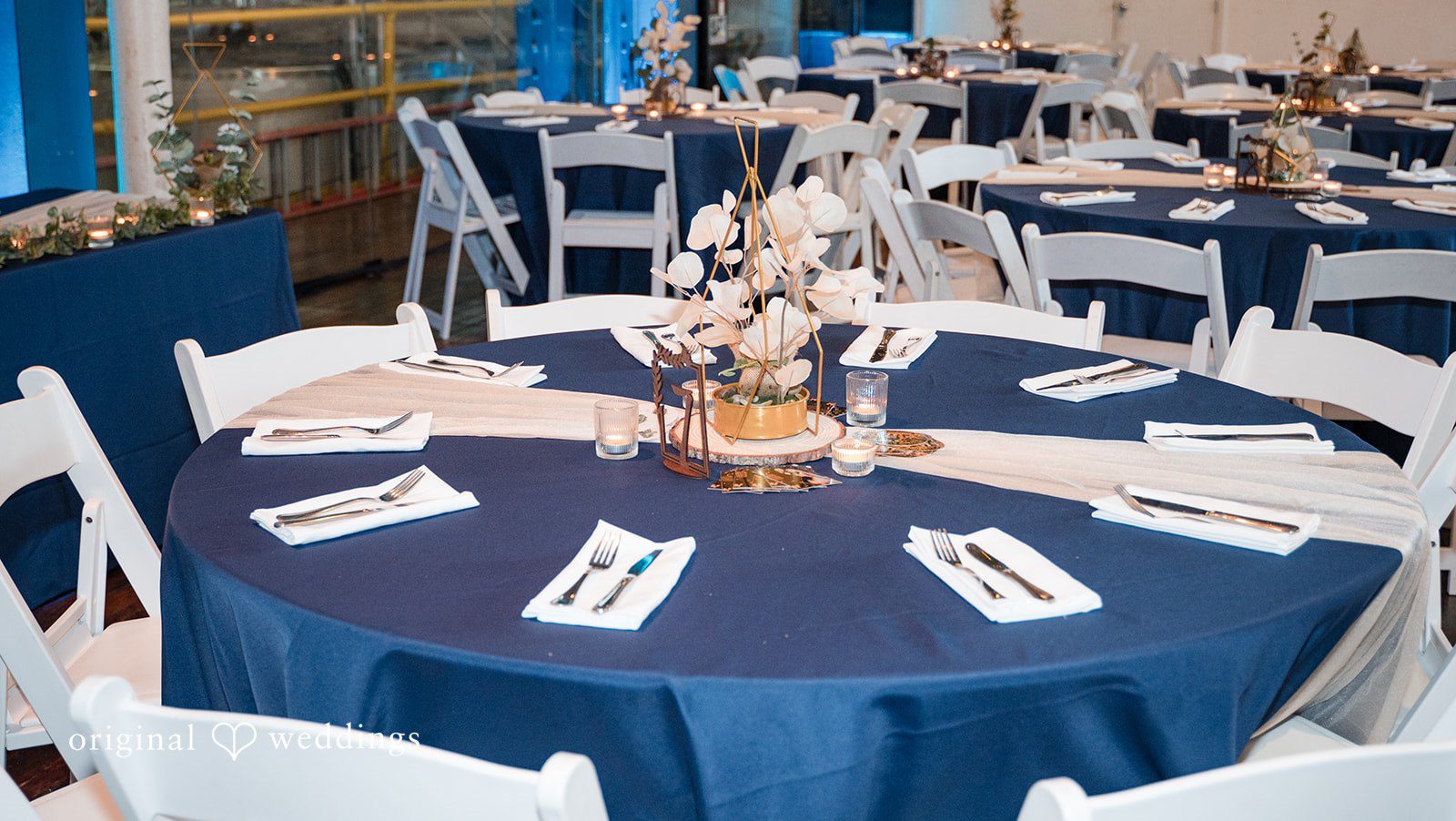 Decorated wedding reception hall at Two Roads Brewing