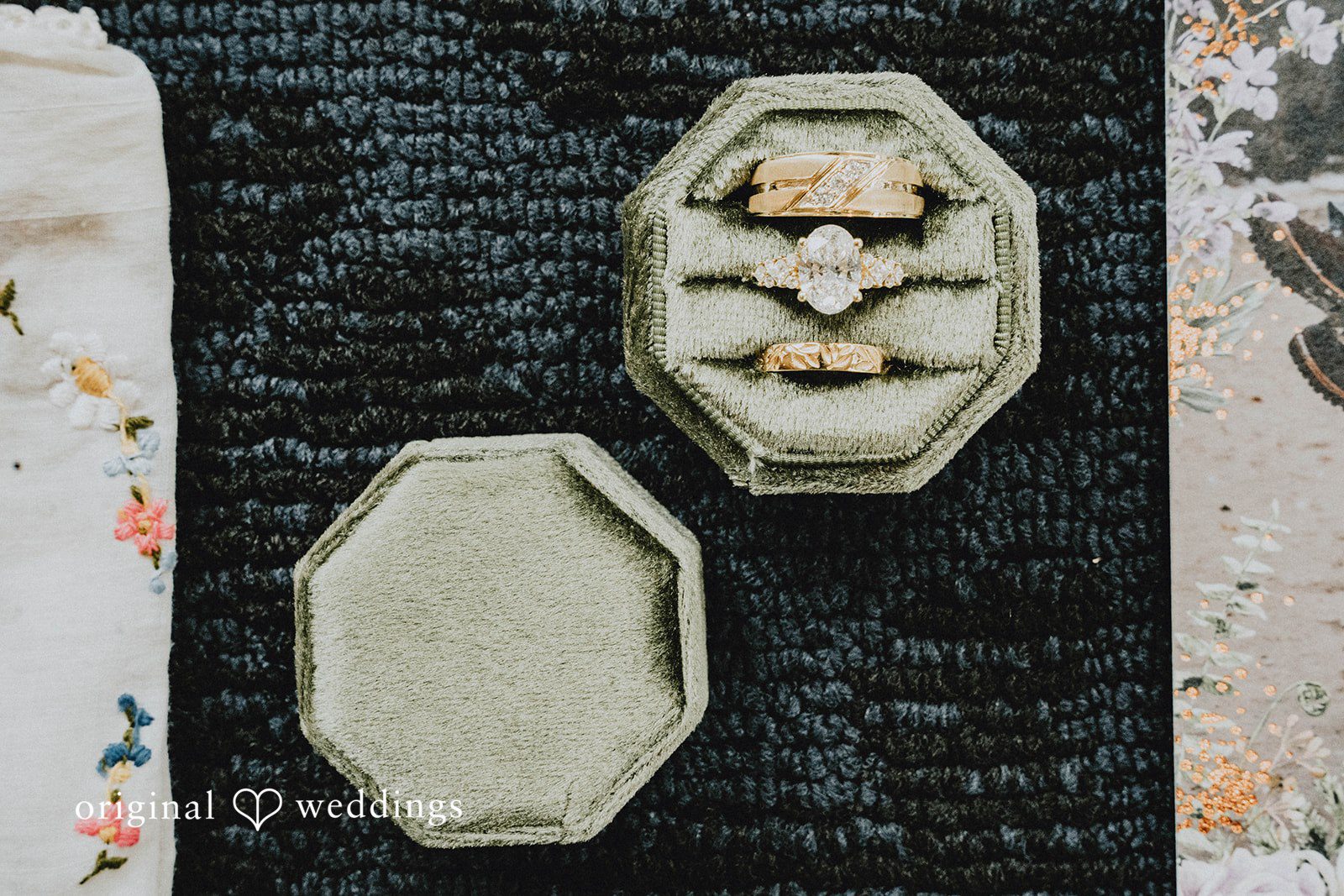Grace + Andre Wedding rings displayed in an octagon ring box