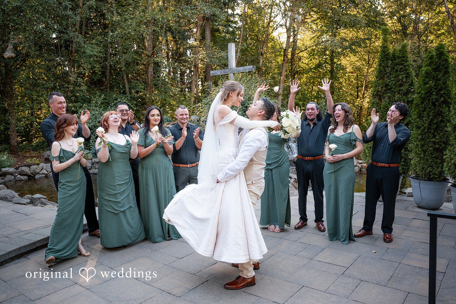Kylie + Reymundo Wedding party celebrating on the patio at Victorian Vineyard
