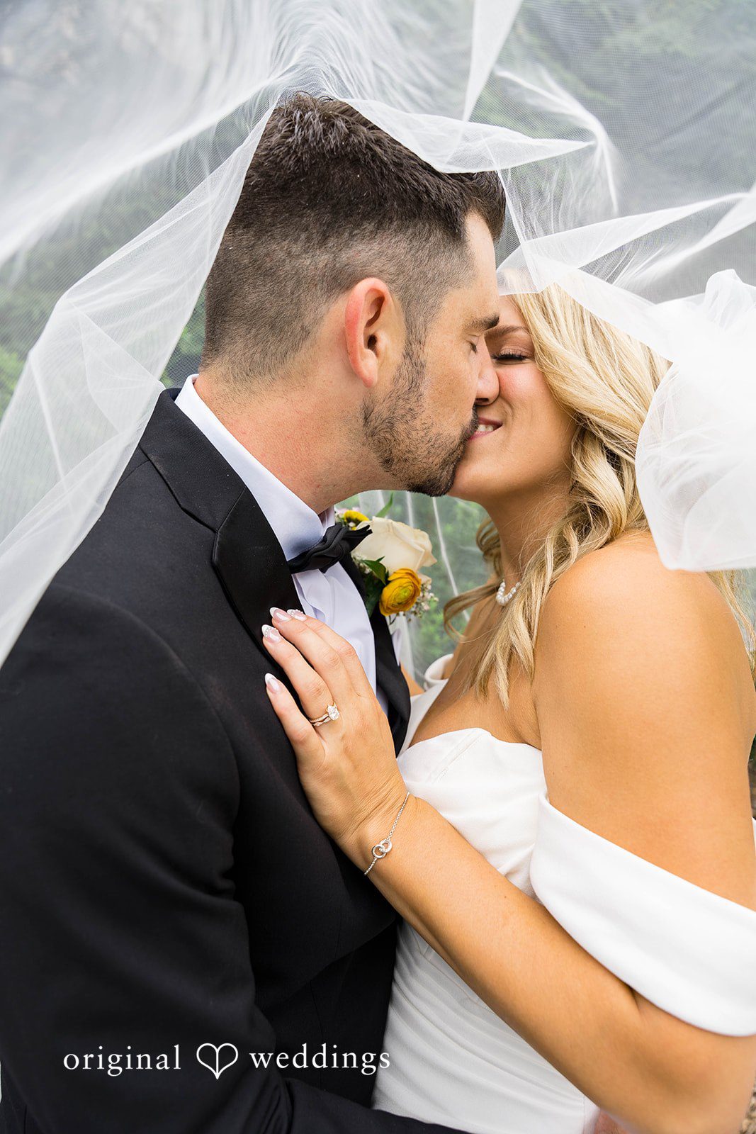 Close up kiss under the bride's veil