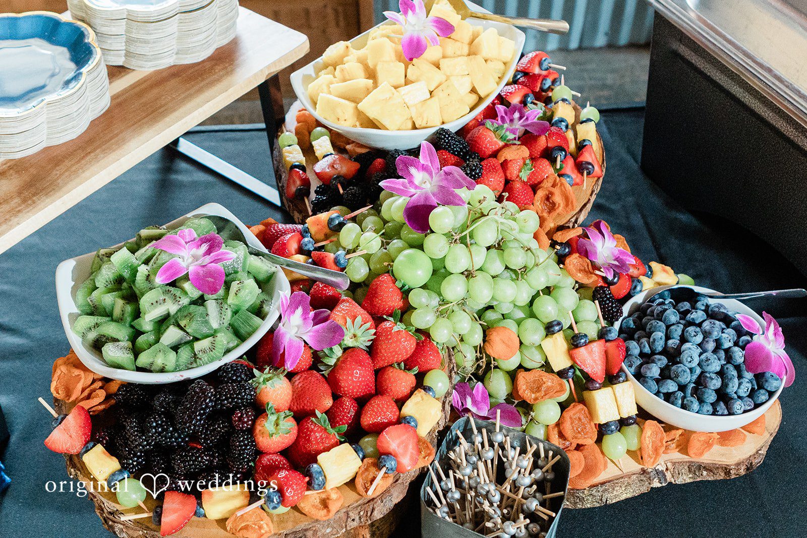 Rachel + Matt Fresh fruit and charcuterie display at Wisteria Gardens